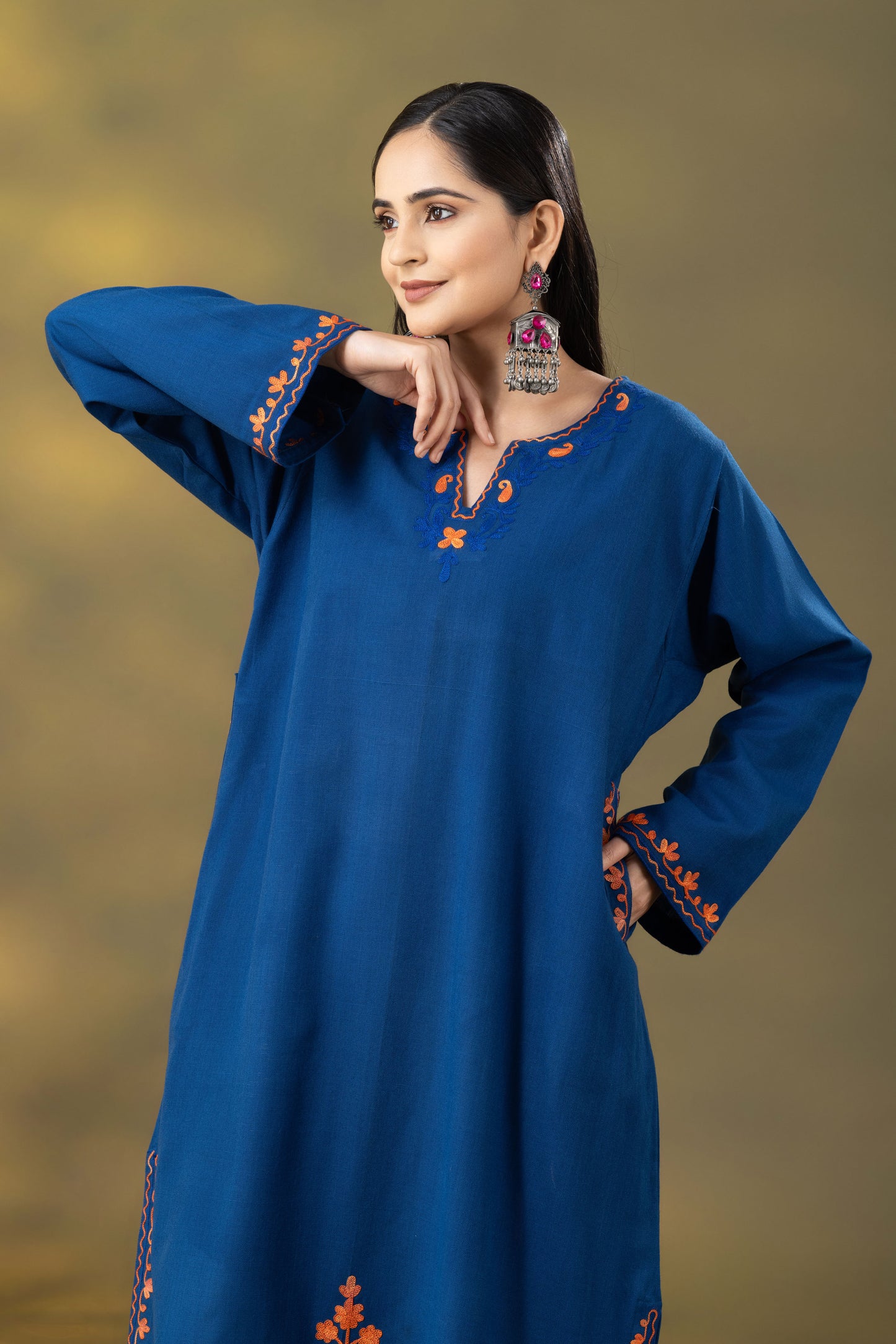 Utsaah Teal Blue Embroidered Phiran Set