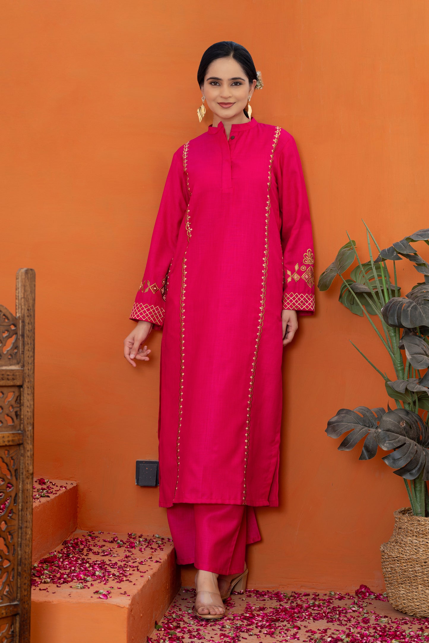 Jugni Deep Rose Embroidered Phiran Set