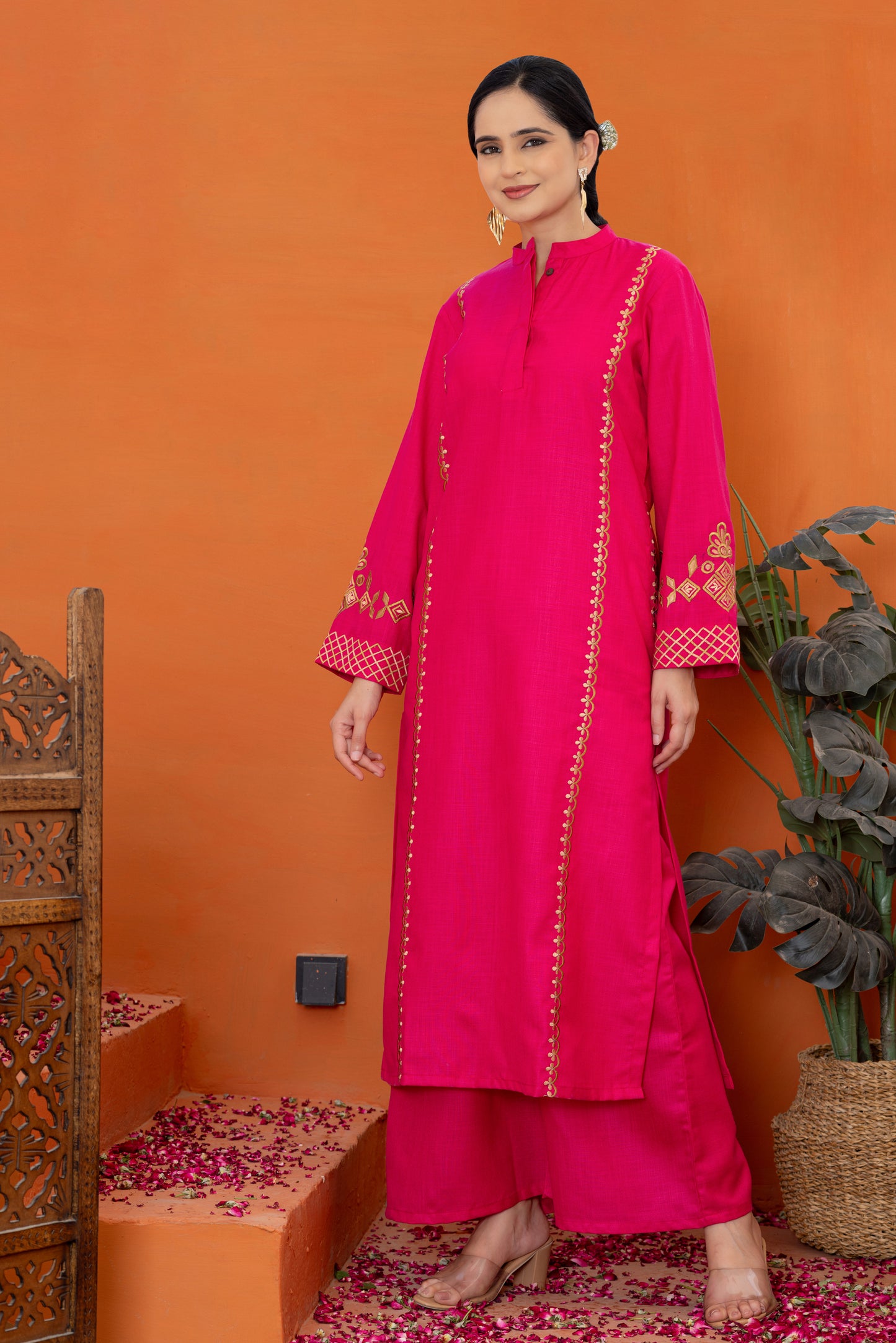 Jugni Deep Rose Embroidered Phiran Set