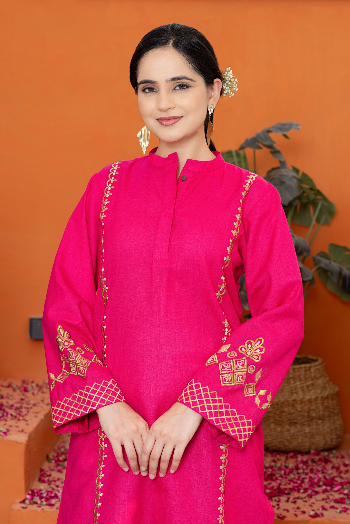 Jugni Deep Rose Embroidered Phiran Set