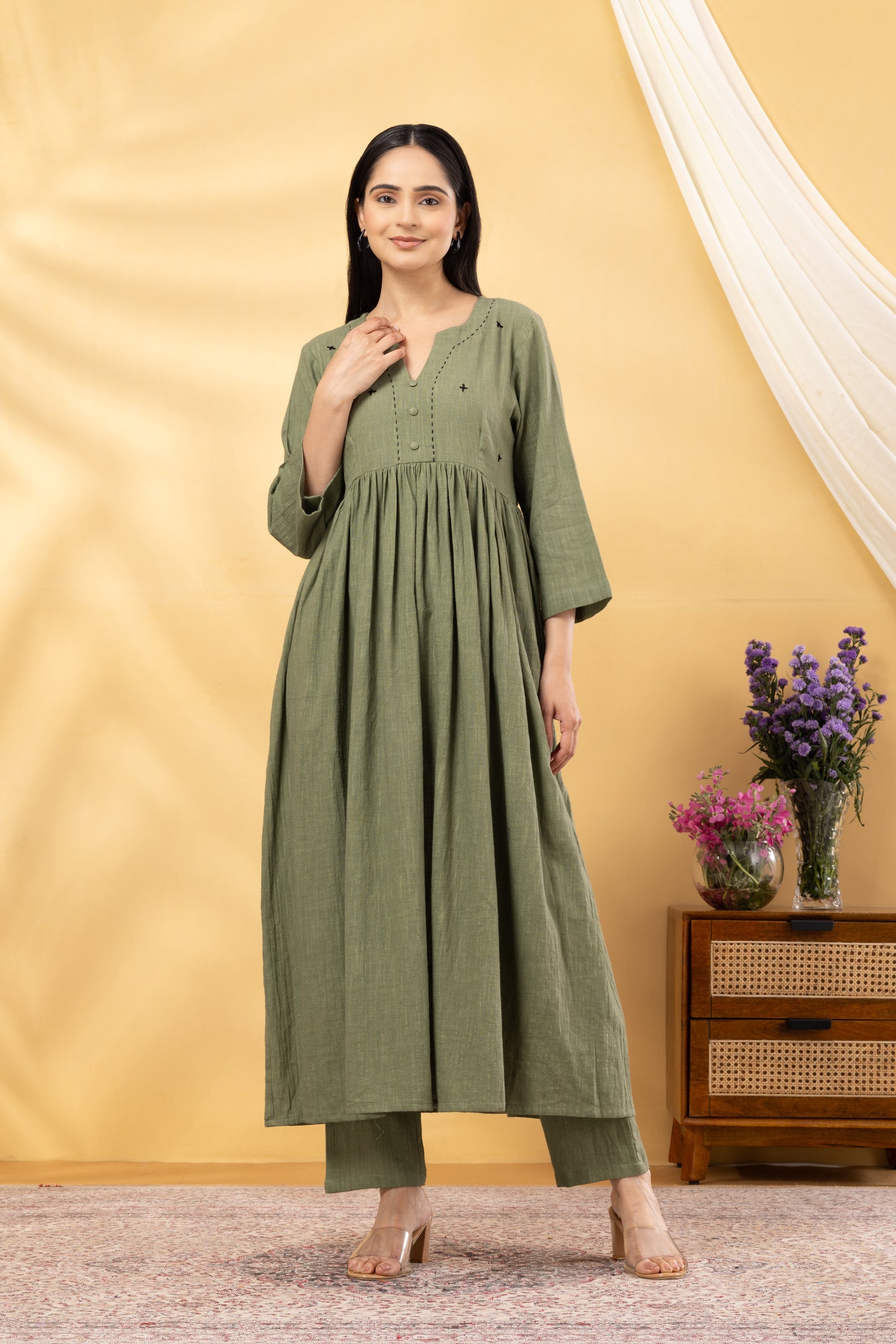 Saadgi Sage Green Gathered Kurta Set