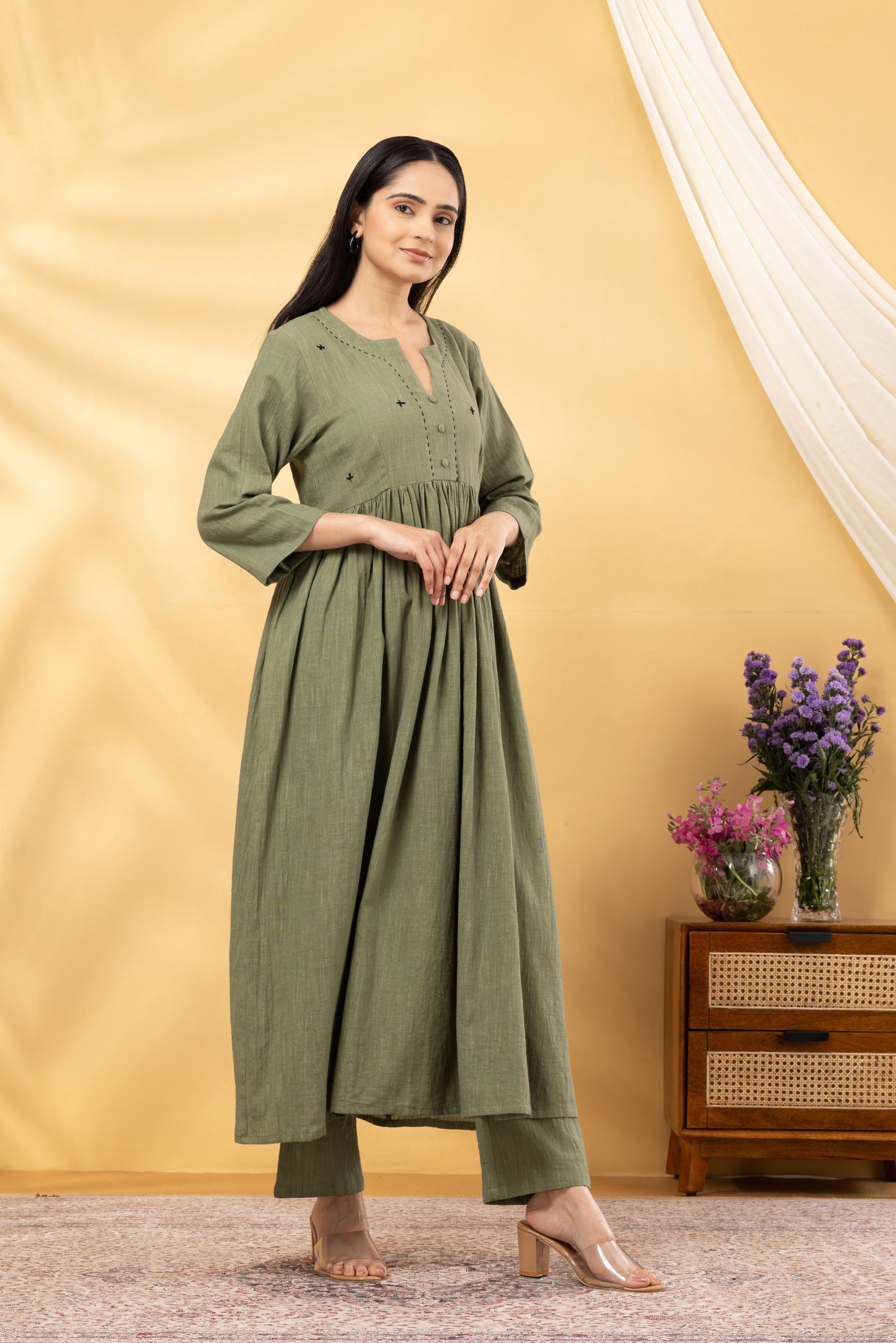 Saadgi Sage Green Gathered Kurta Set