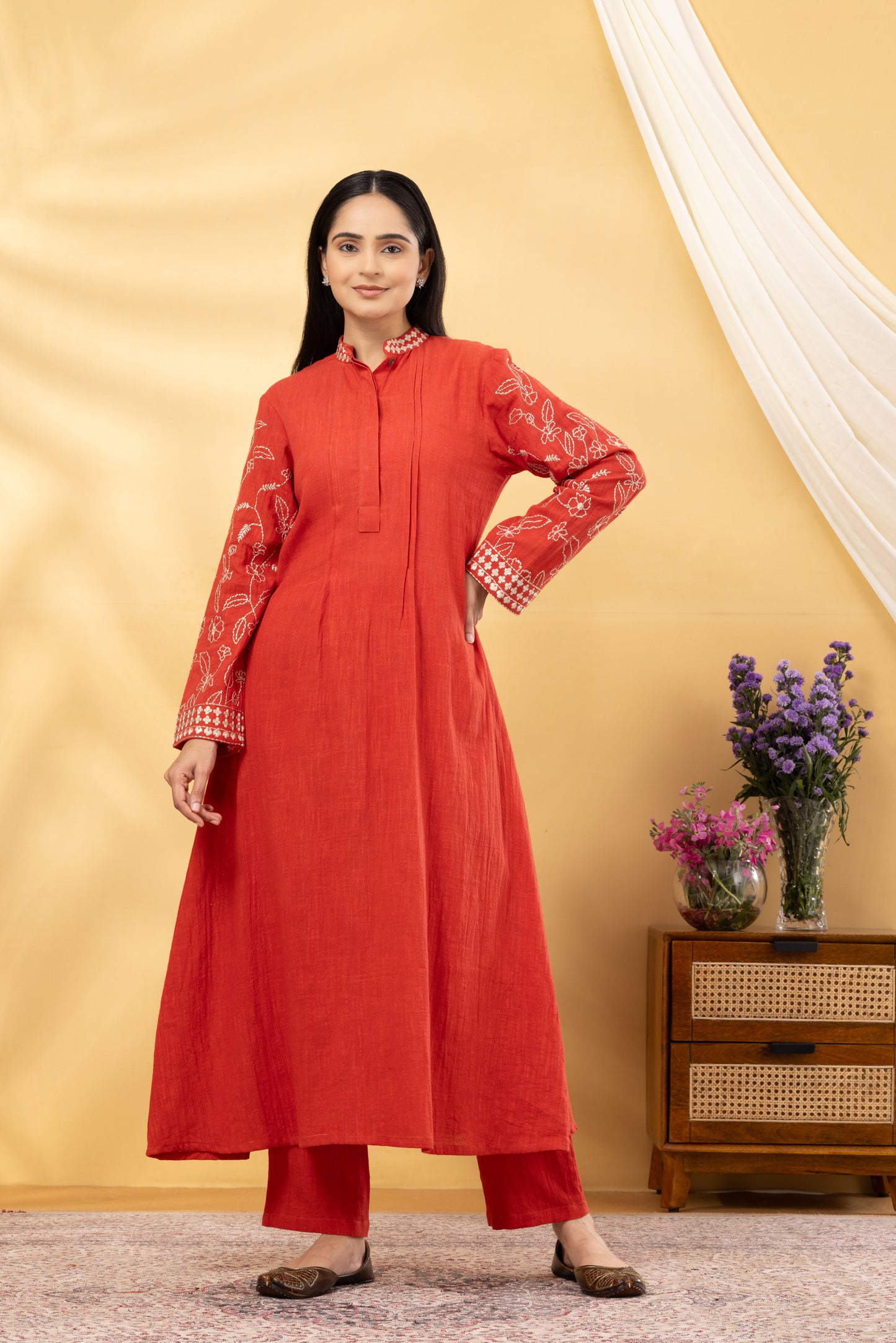 Saadgi Burnt Brick Embroidered Kurta Set