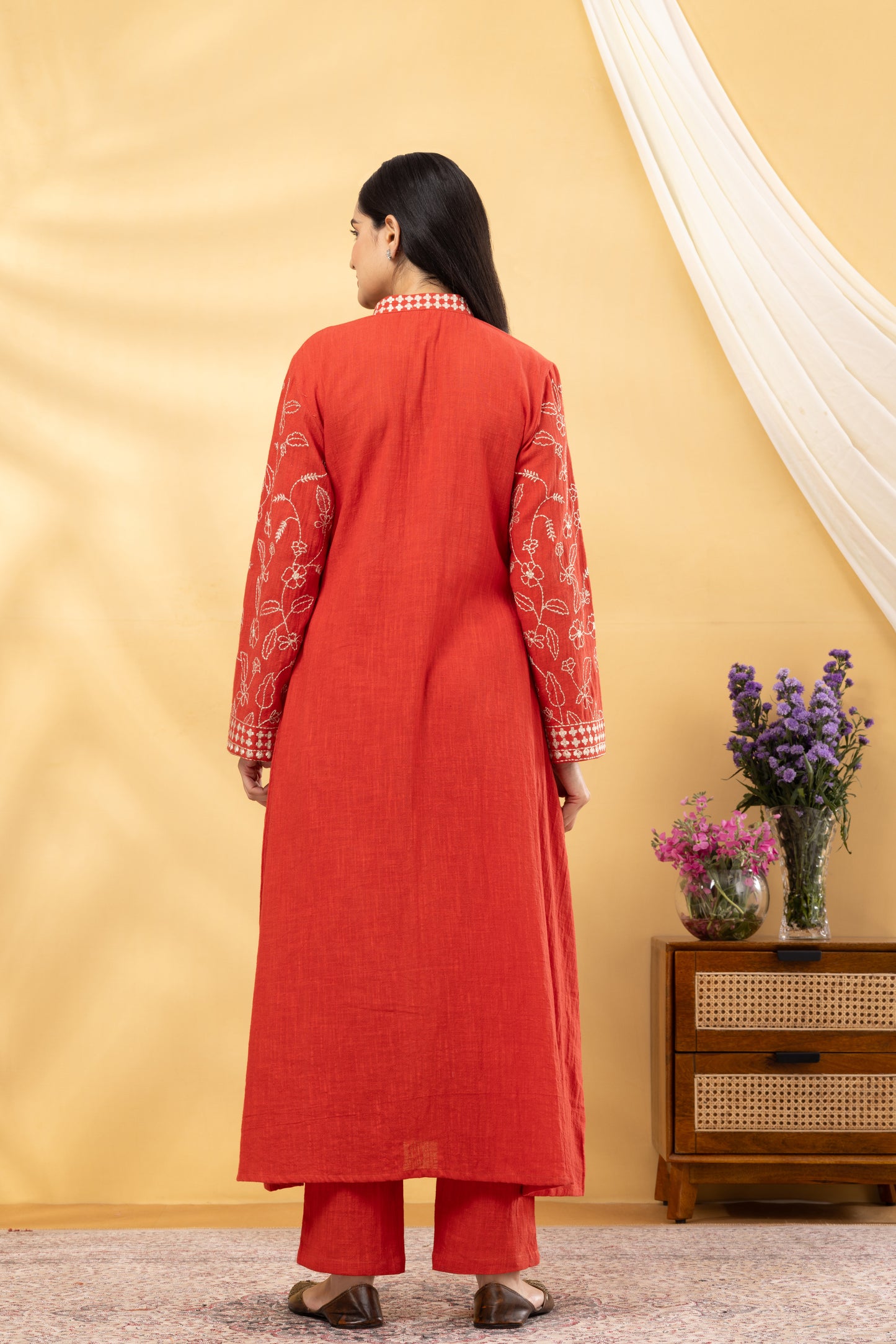 Saadgi Burnt Brick Embroidered Kurta Set