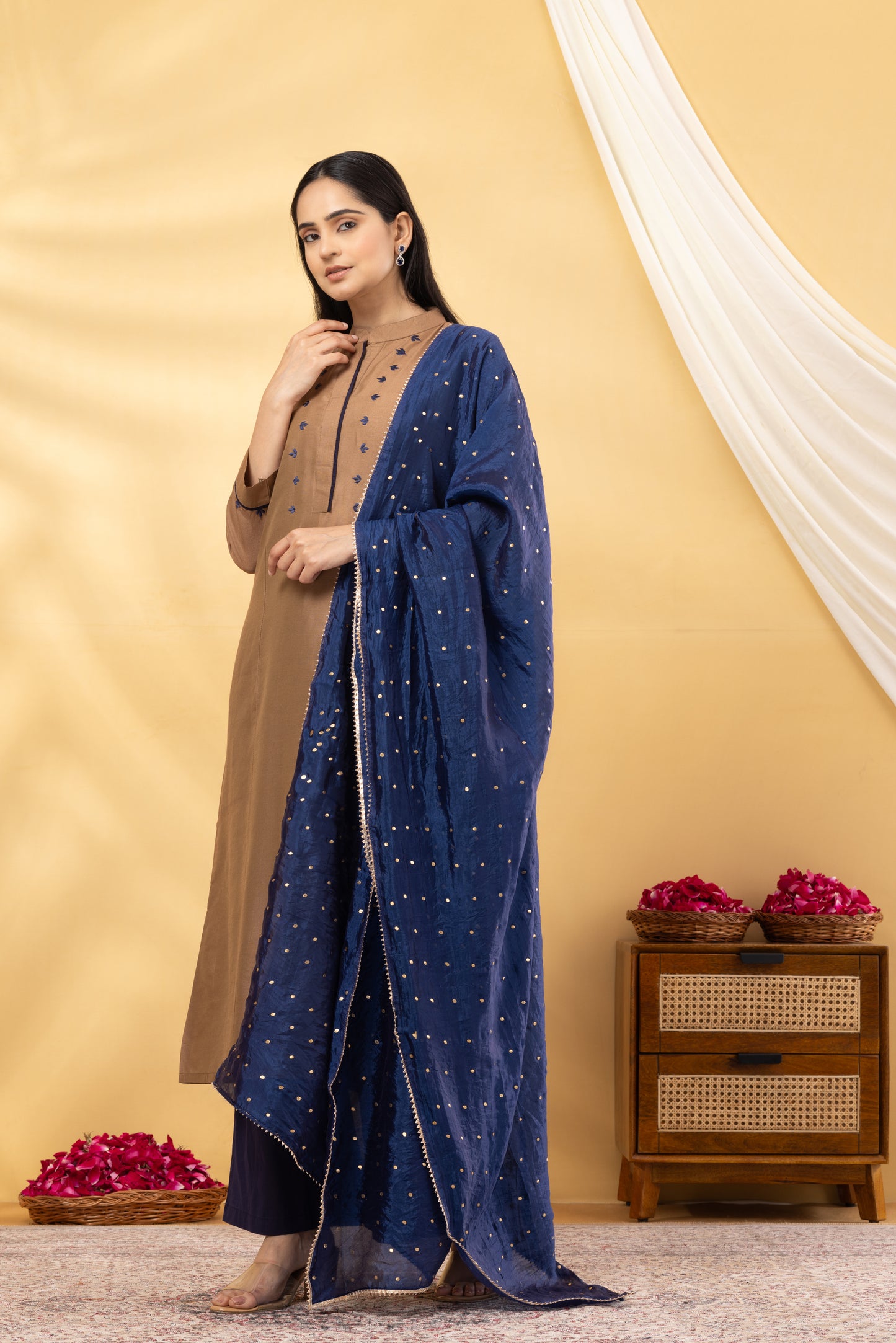 Saadgi Warm Copper and Navy Embroidered Suit Set