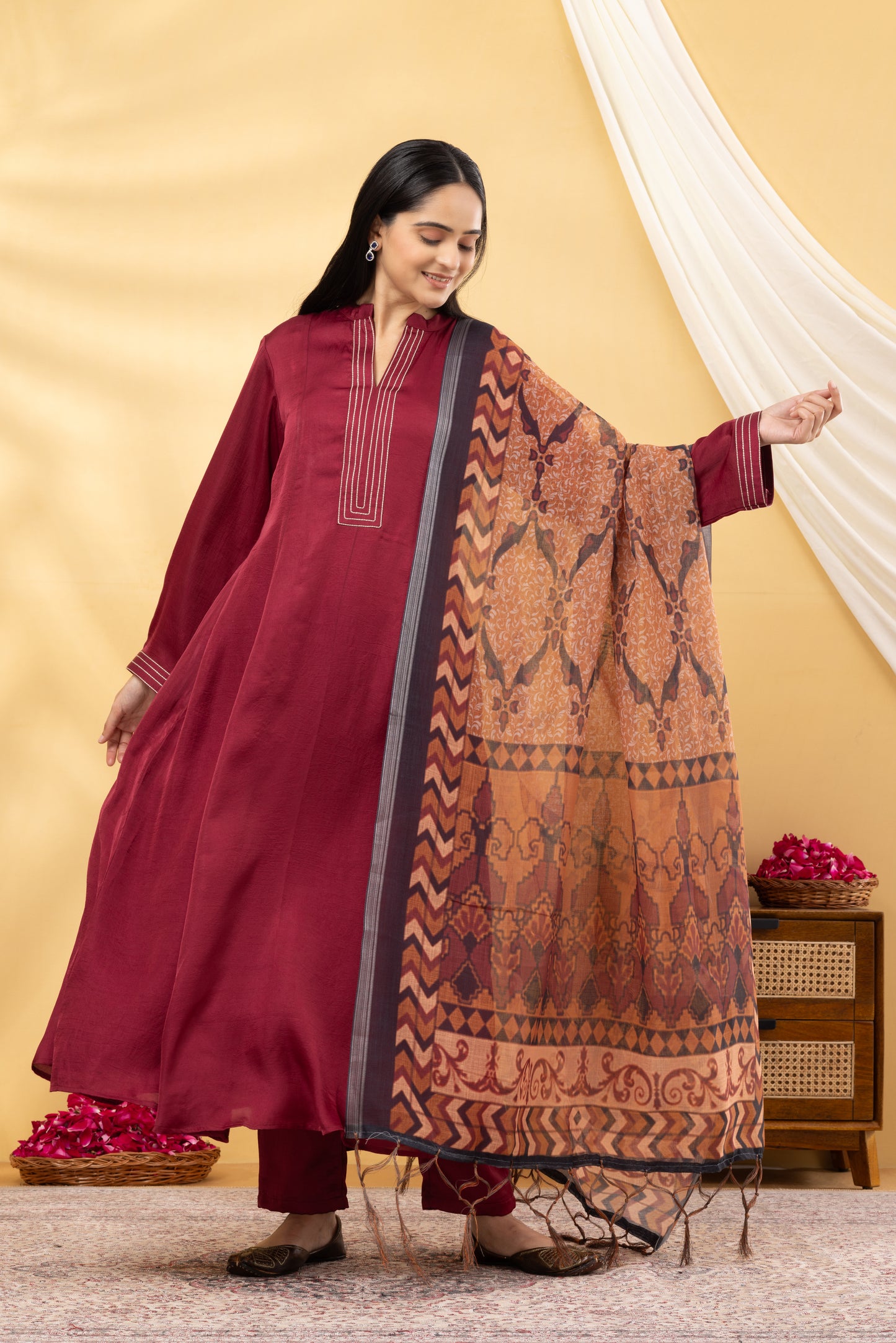 Saadgi Deep Crimson Kalidar Suit Set