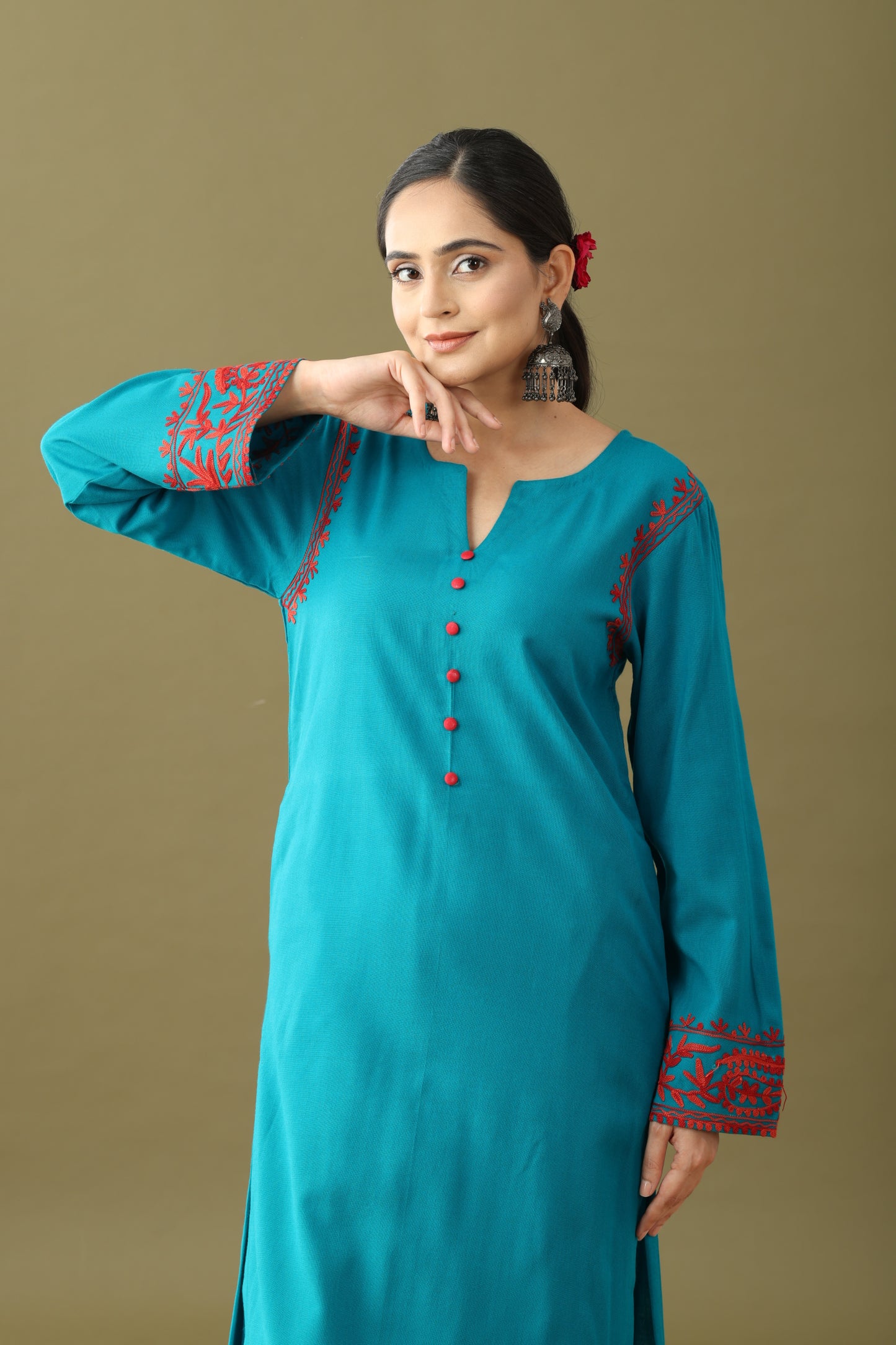 Utsaah Teal With Red Aari Embroidery Kurta Set