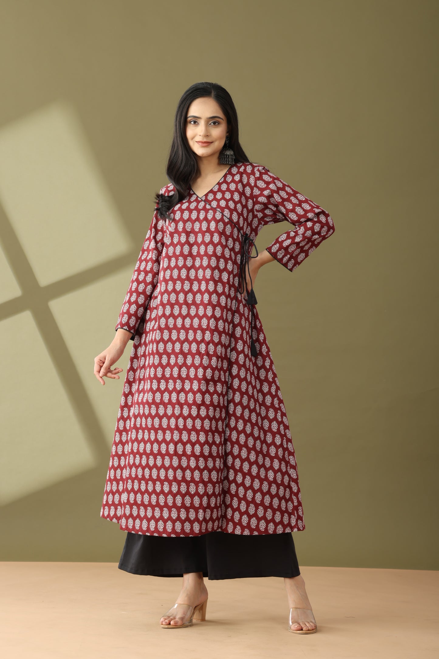 Utsaah Brunt Maroon and Black Angrakha Kurta Set