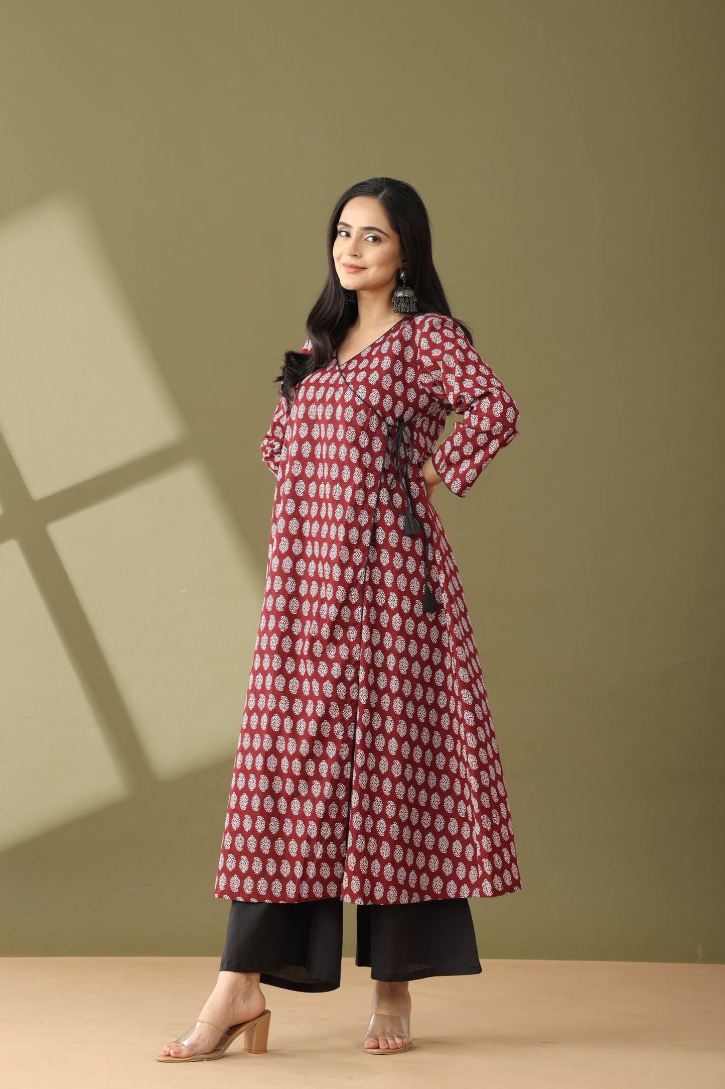Utsaah Brunt Maroon and Black Angrakha Kurta Set