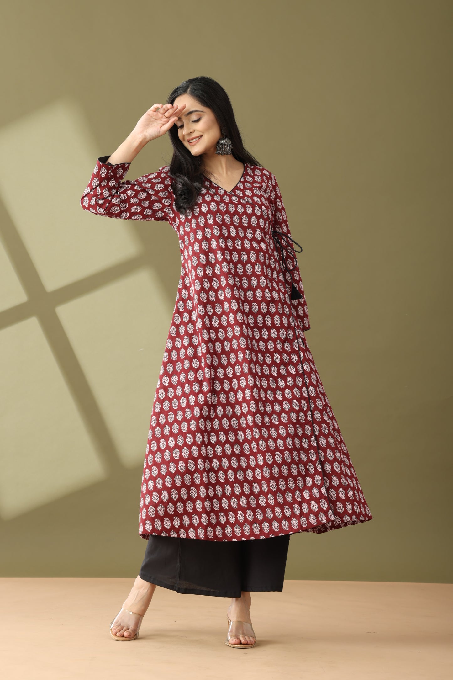 Utsaah Brunt Maroon and Black Angrakha Kurta Set