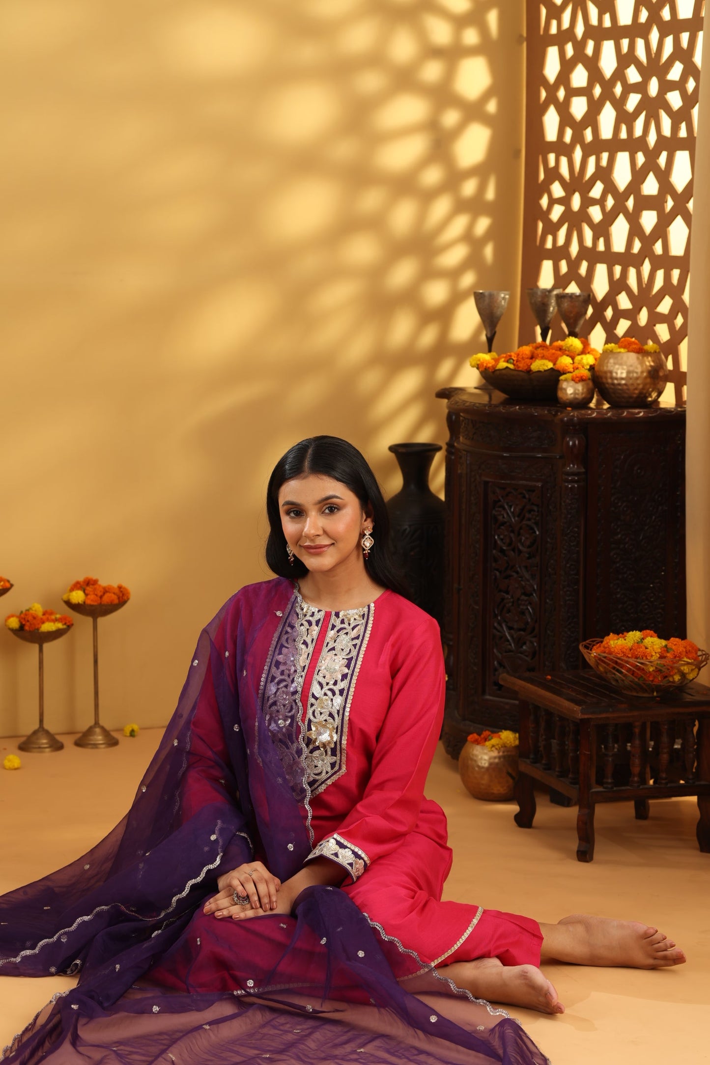 Jashn Magenta Pink Embroidered Suit Set