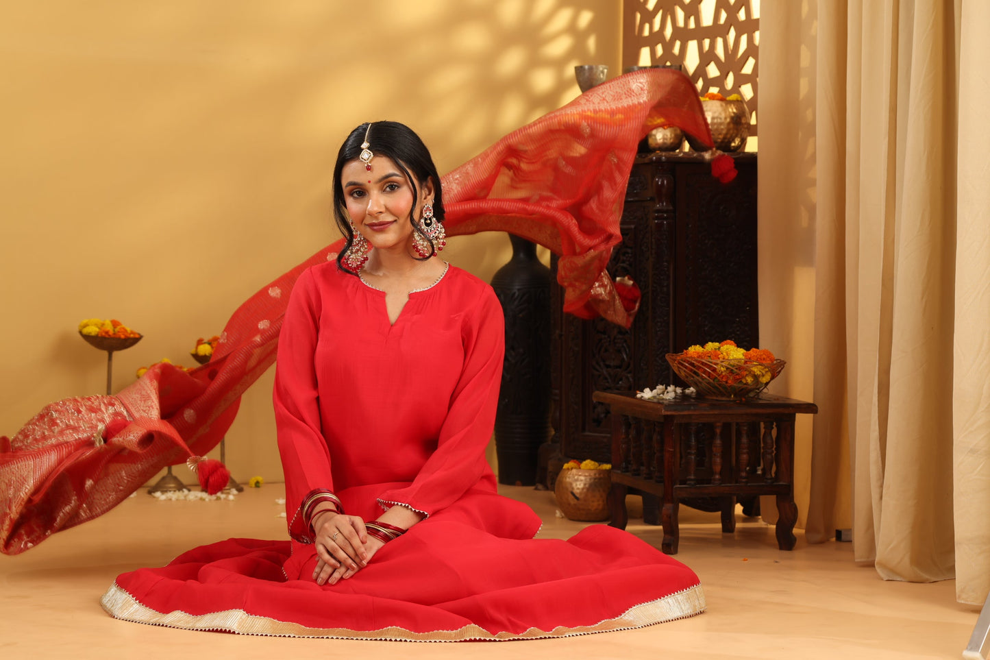 Jashn Caramine Red Mul Chanderi Skirt Set