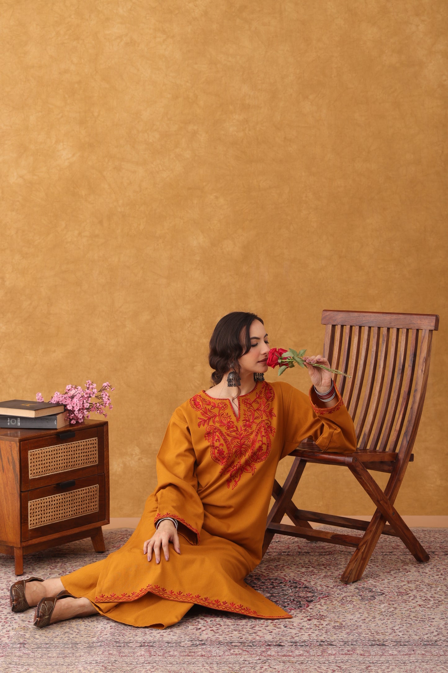 Noor Mustard with Red Embroidered Phiran Set