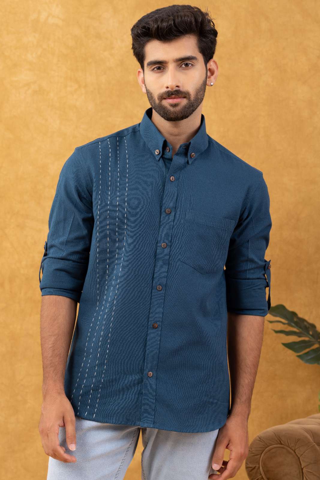 Navrang Men's Teal Linen Slim Fit Shirt – Sizes XS to 6XL