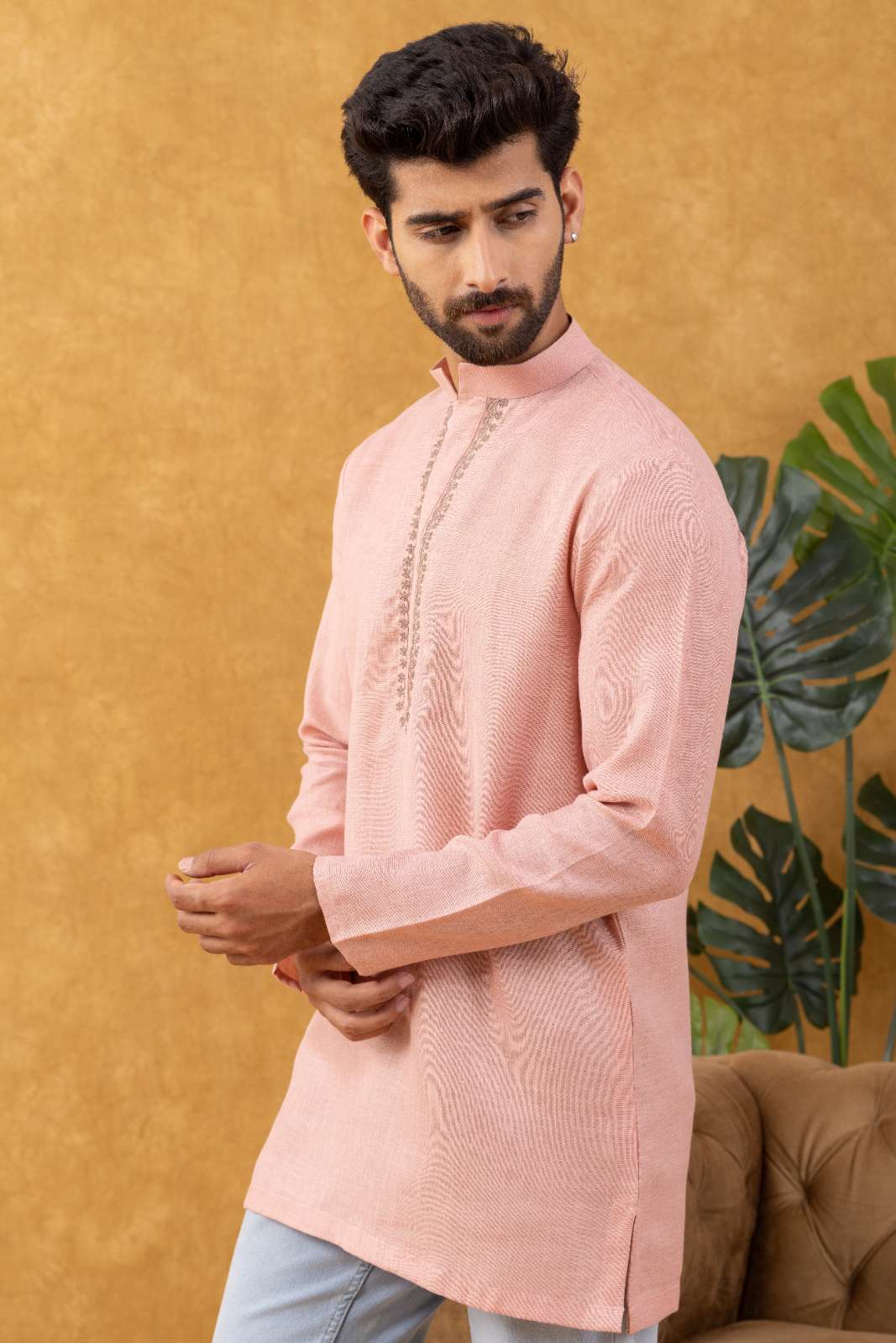 Navrang Men's Peach Pure Cotton Short Kurta – Sizes XS to 6XL