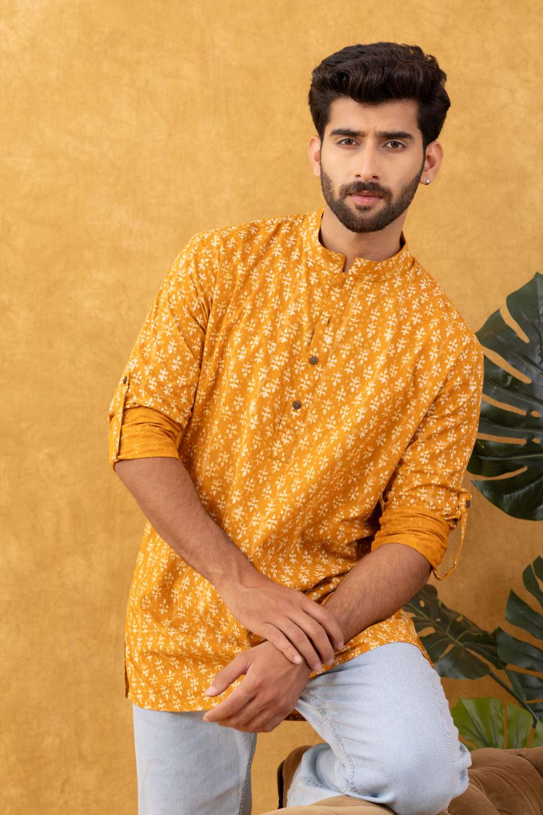 Navrang Men's Mustard Block Print Cotton Short Kurta – Sizes XS to 6XL