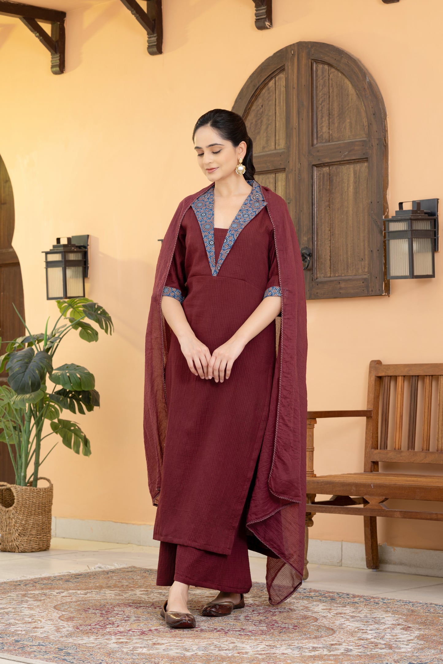 Jugni Maroon Ajrakh Coat collar Kurta Set