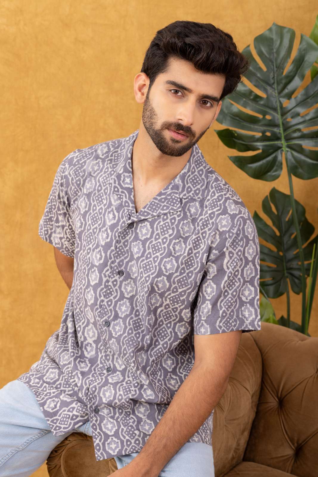 Navrang Men's Grey Block Print Casual Shirt – Sizes XS to 6XL