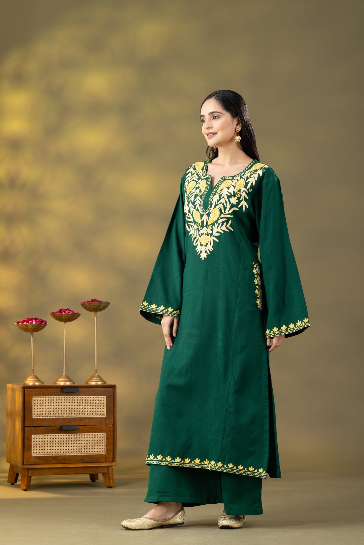 Utsaah Bottle Green Embroidered Phiran Set
