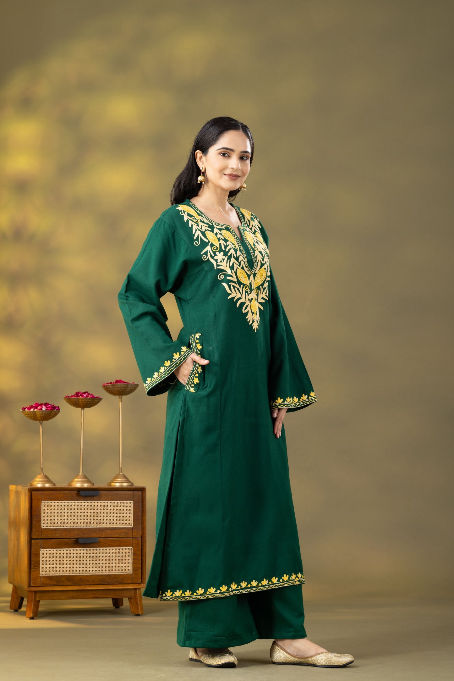 Utsaah Bottle Green Embroidered Phiran Set