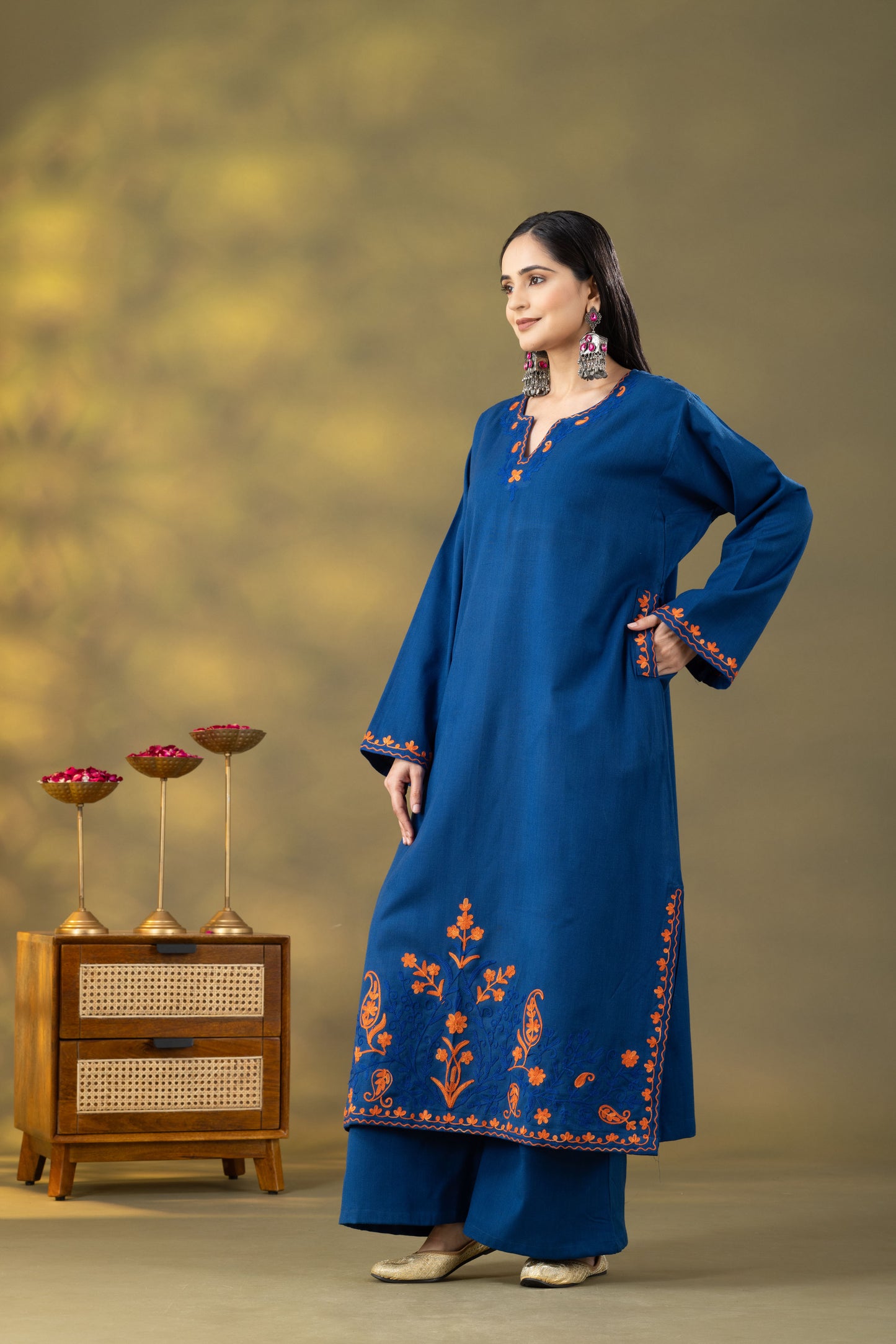 Utsaah Teal Blue Embroidered Phiran Set