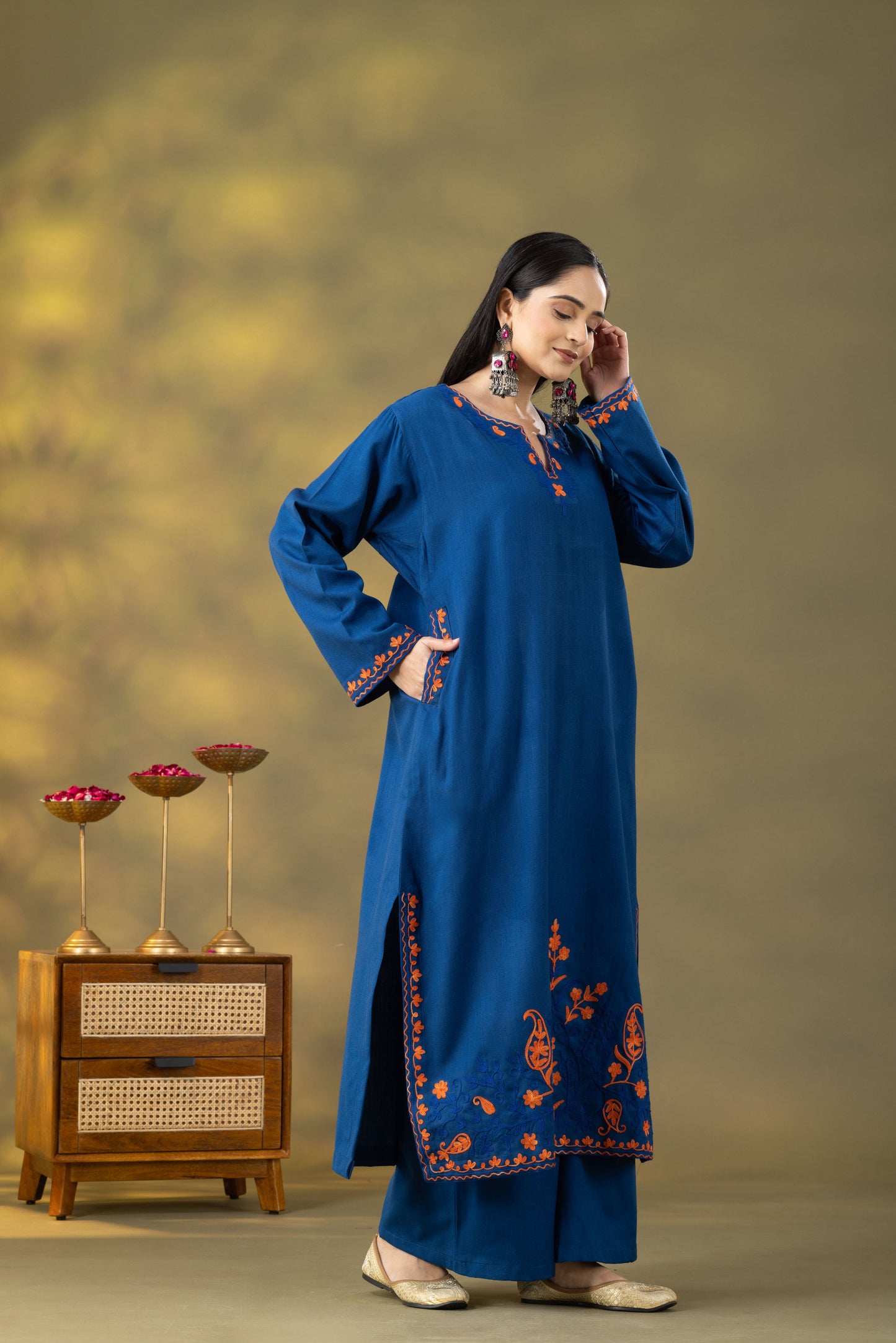 Utsaah Teal Blue Embroidered Phiran Set