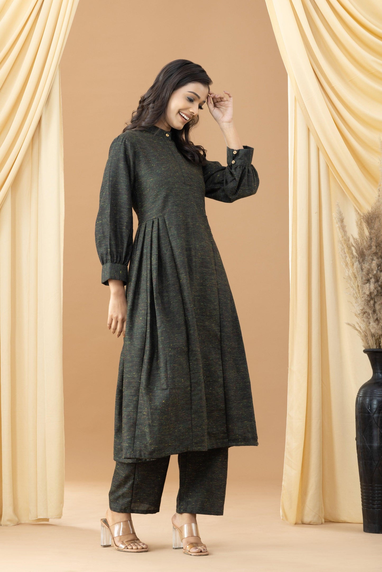 Aseel Black Olive Khadi Kurta Set
