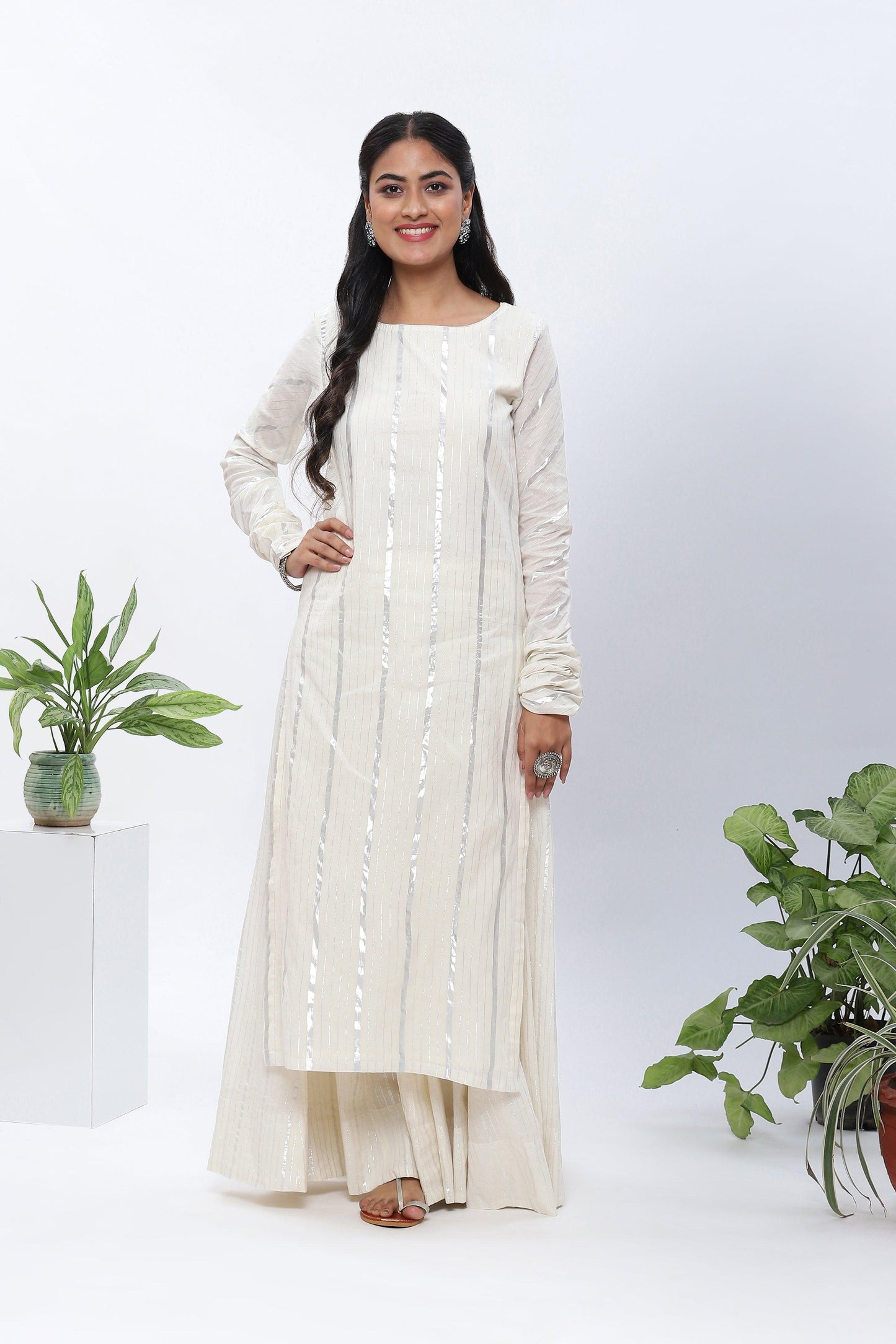 Shravani White Lurex Kurta Skirt Set