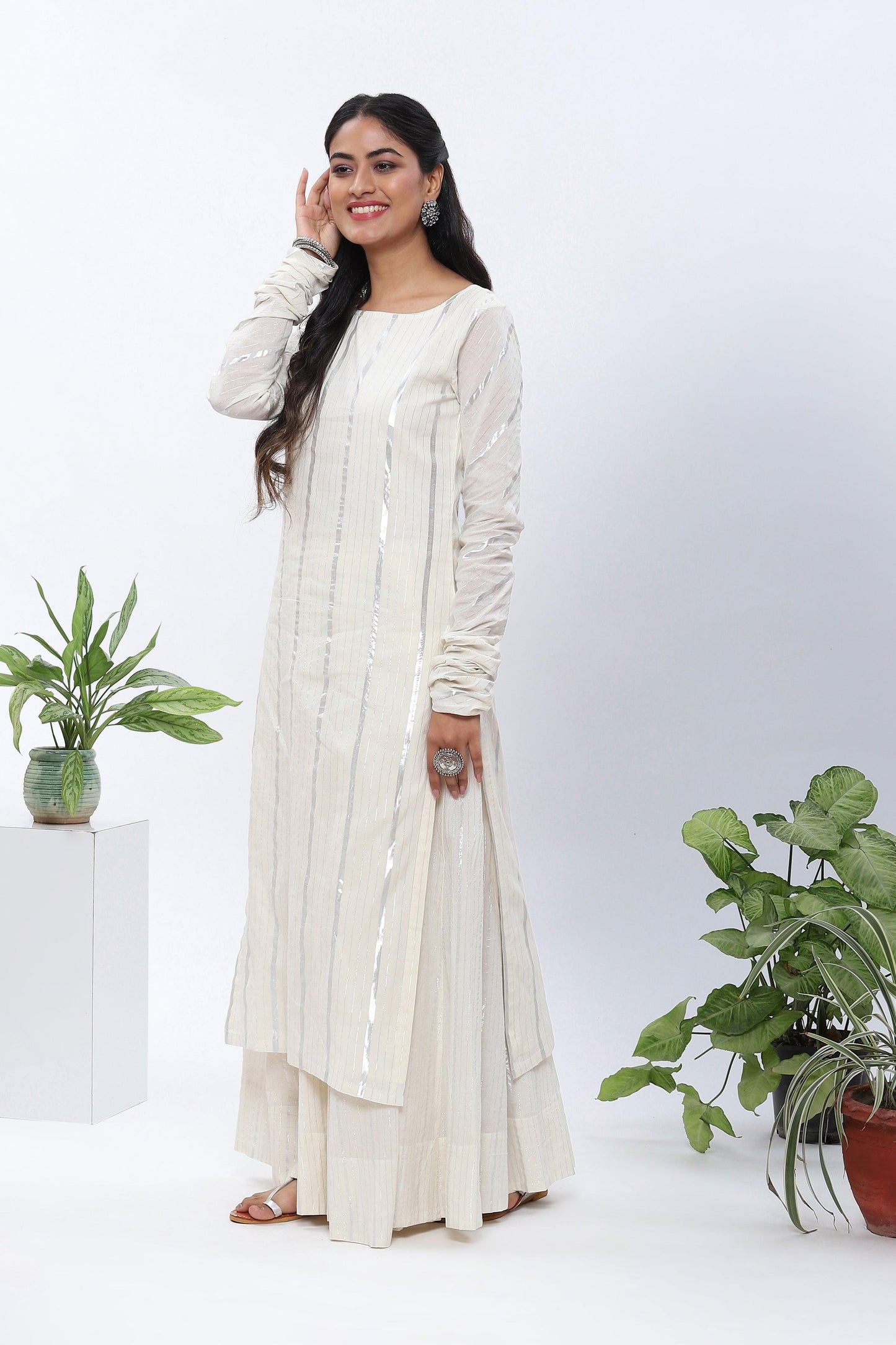 Shravani White Lurex Kurta Skirt Set