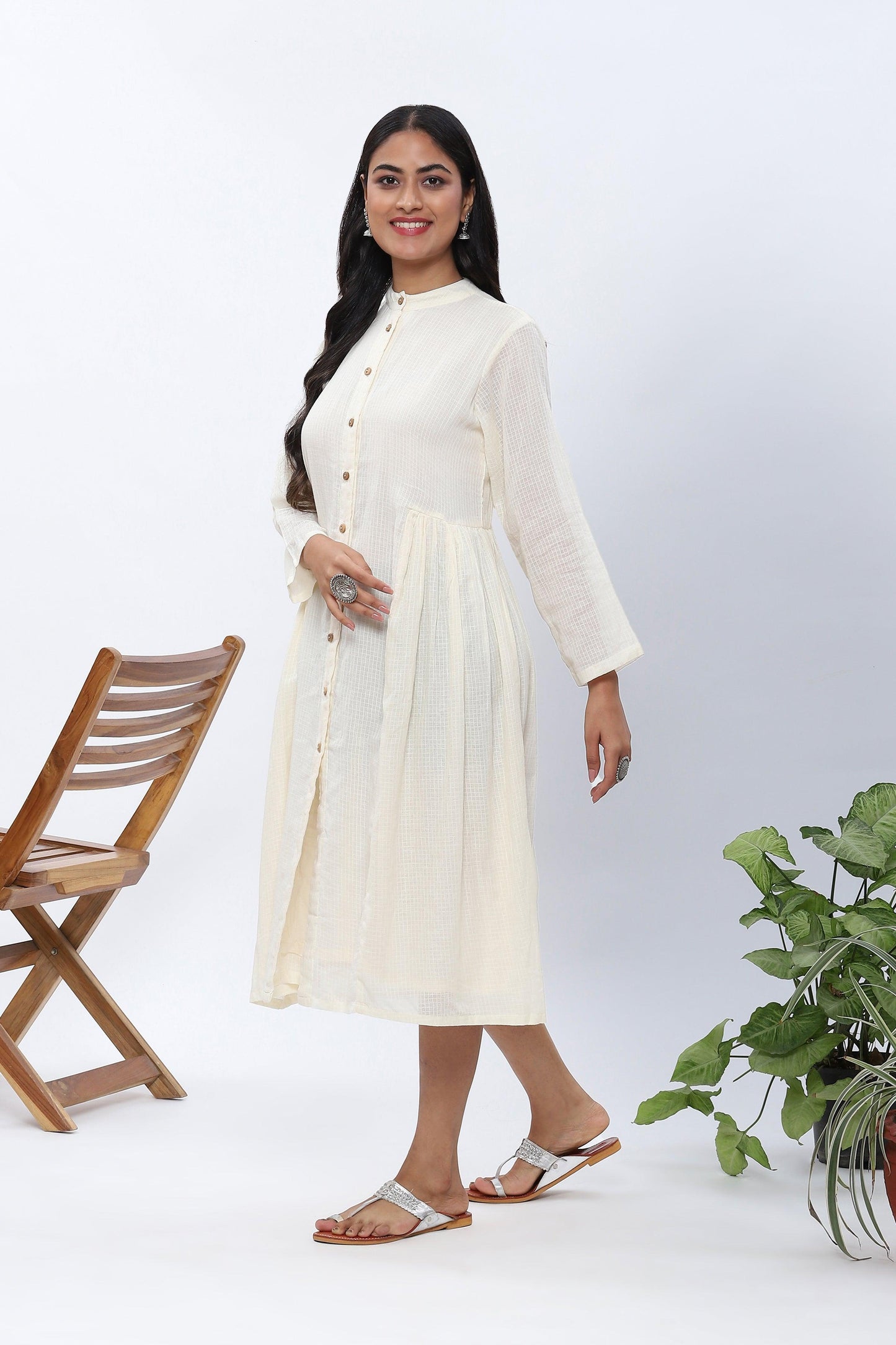 Shravani White Button-down Flared Dress