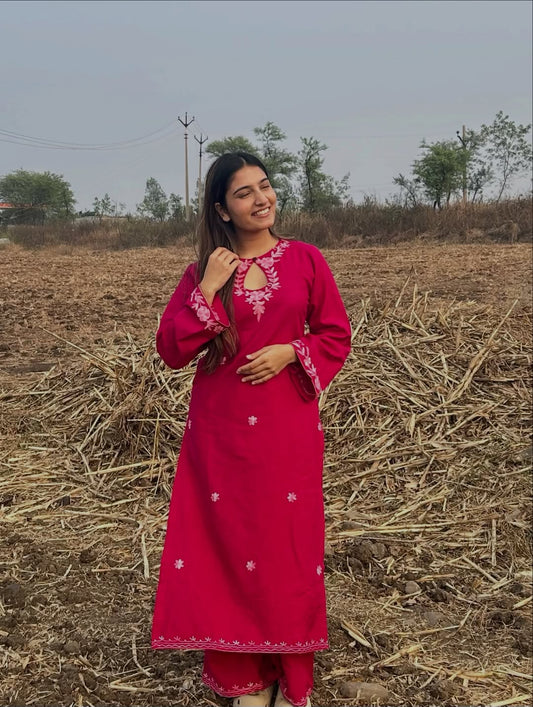 Utsaah raspberry with pink aari embroidery kurta set