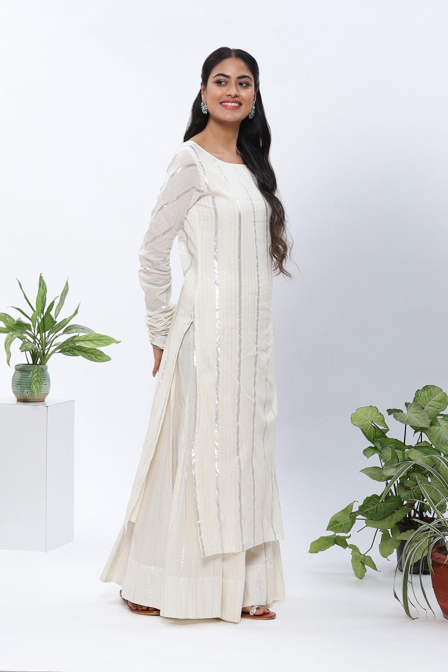 Shravani White Lurex Kurta Skirt Set