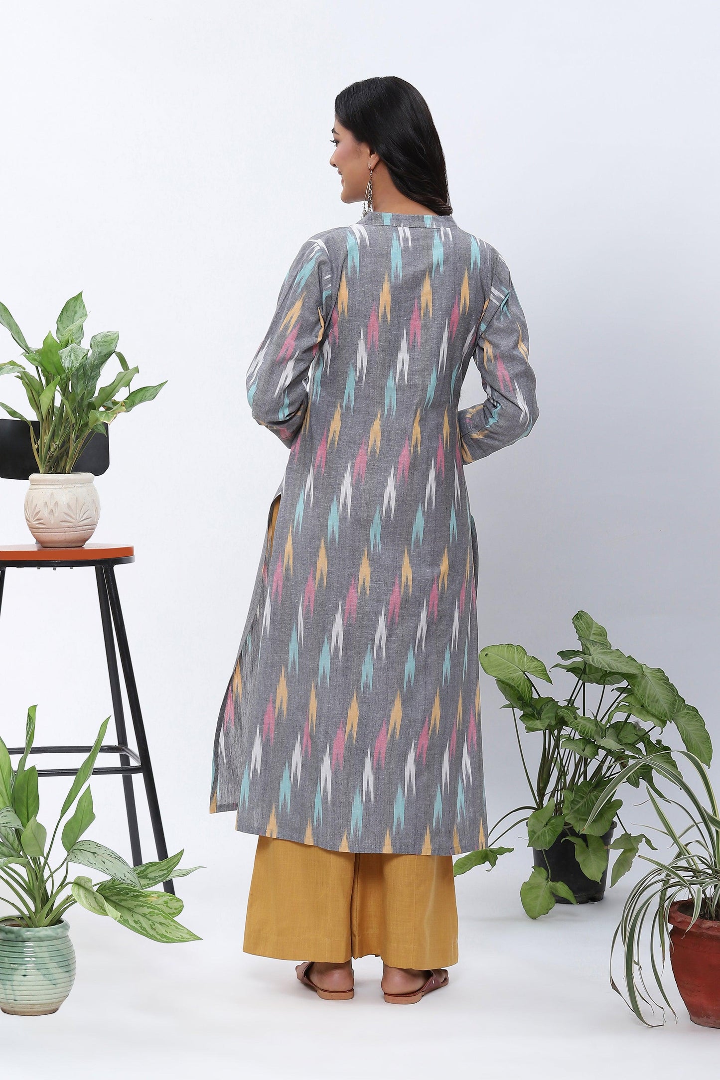 Shravani Grey Ikkat Kurta with Mustard Palazzo