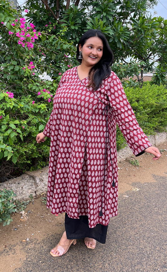 Utsaah Brunt Maroon and Black Angrakha Kurta Set