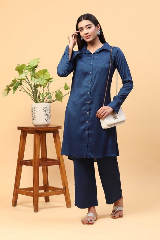 Harsingaar Prussian Blue Collared Kurta Palazzo Set