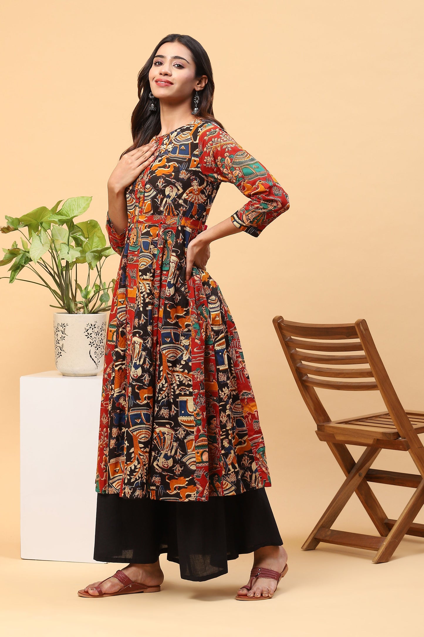 Sanchi Black Red Kalidar Kalamkari Kurta Palazzo Set