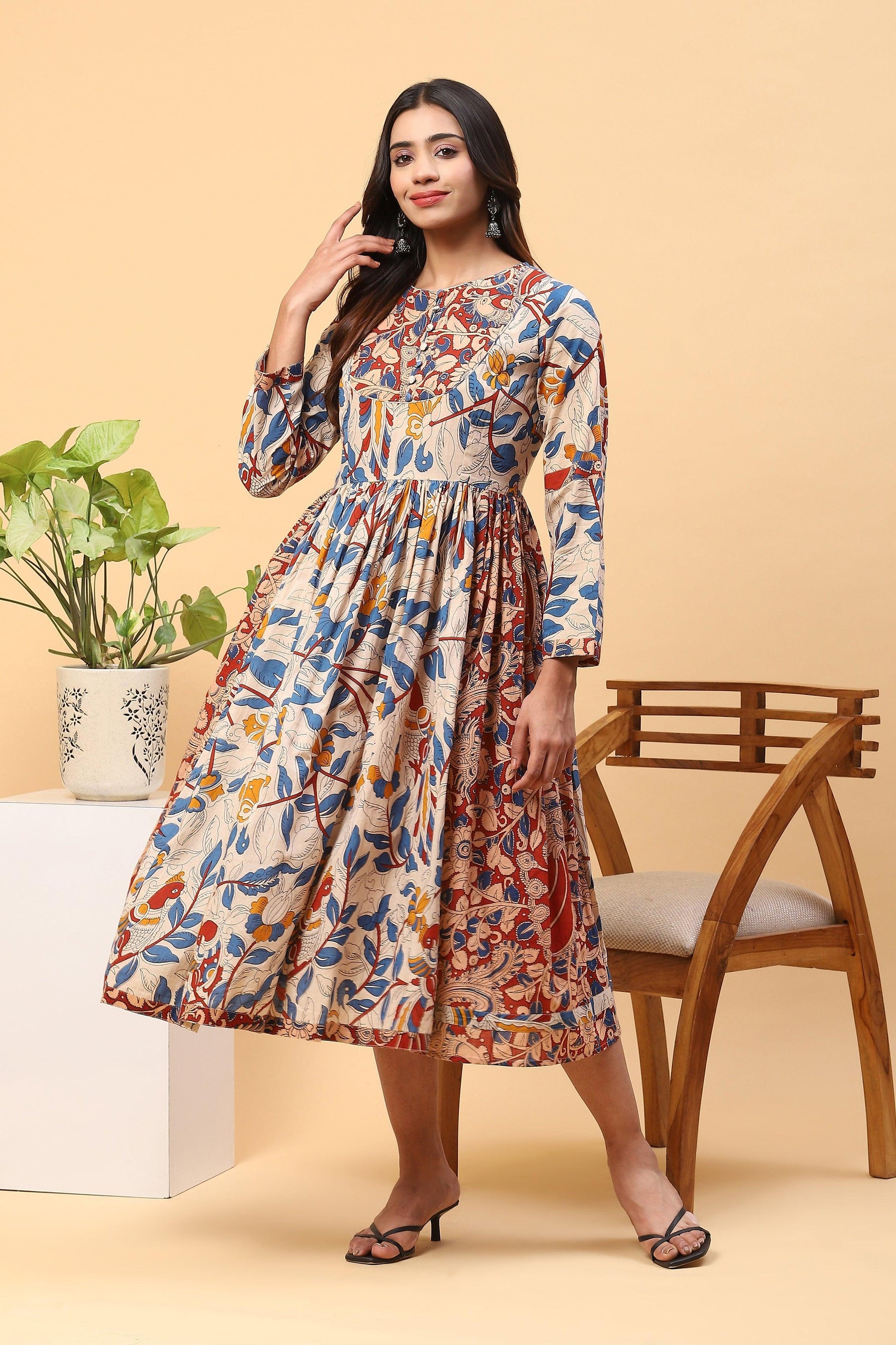 Sanchi Dual Print Kalamkari Print Dress – Discover Ethnic Elegance
