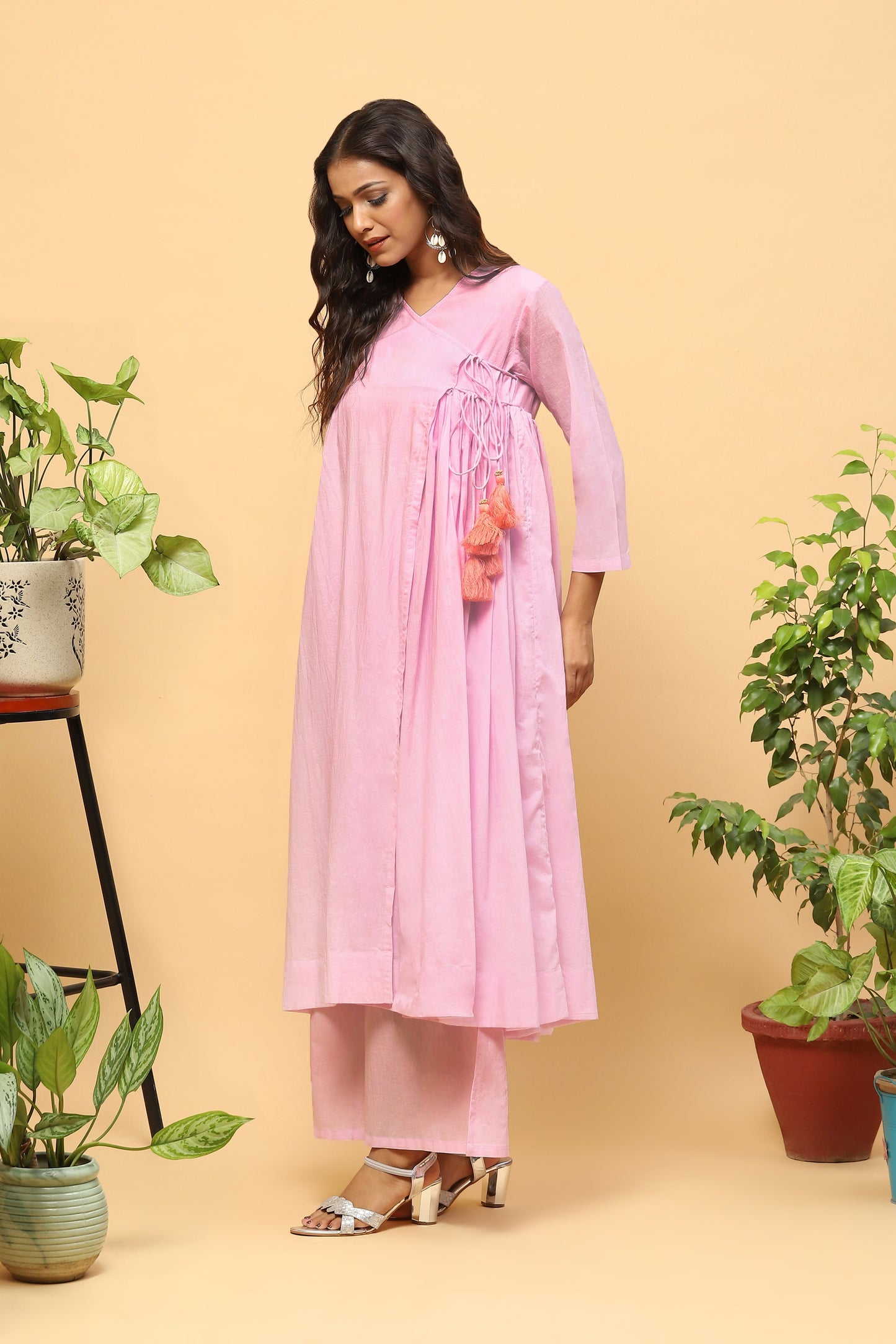 Sanchi Pink Cotton Angrakha Kurta Palazzo Set