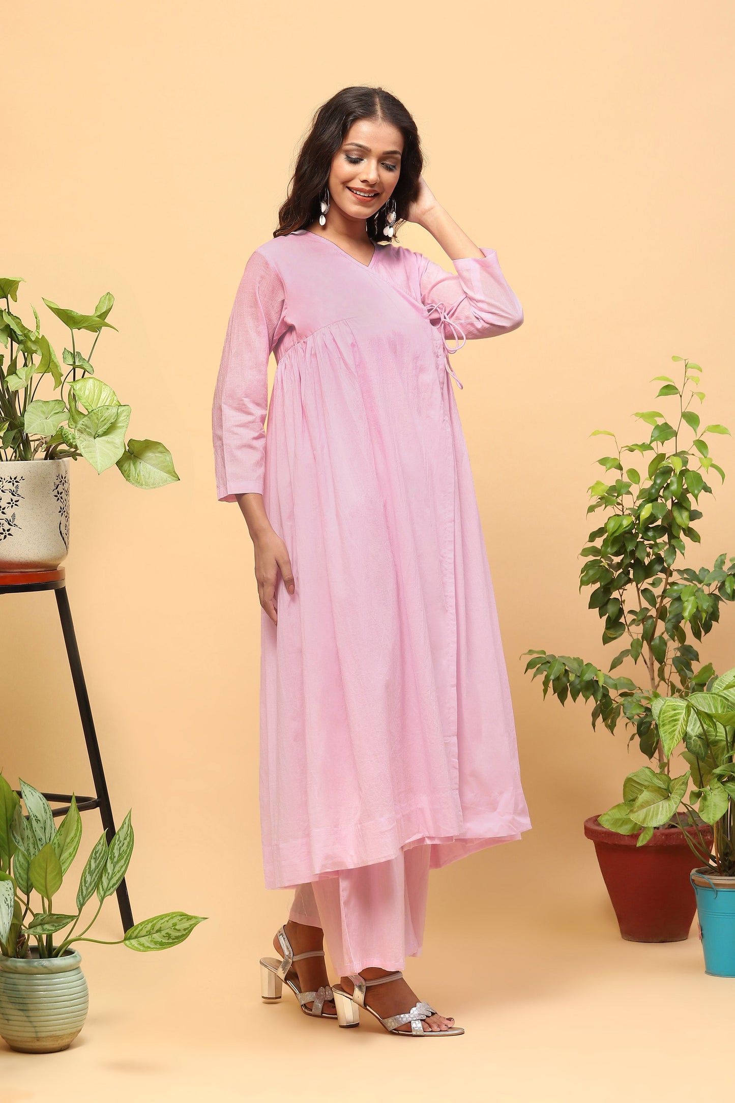 Sanchi Pink Cotton Angrakha Kurta Palazzo Set