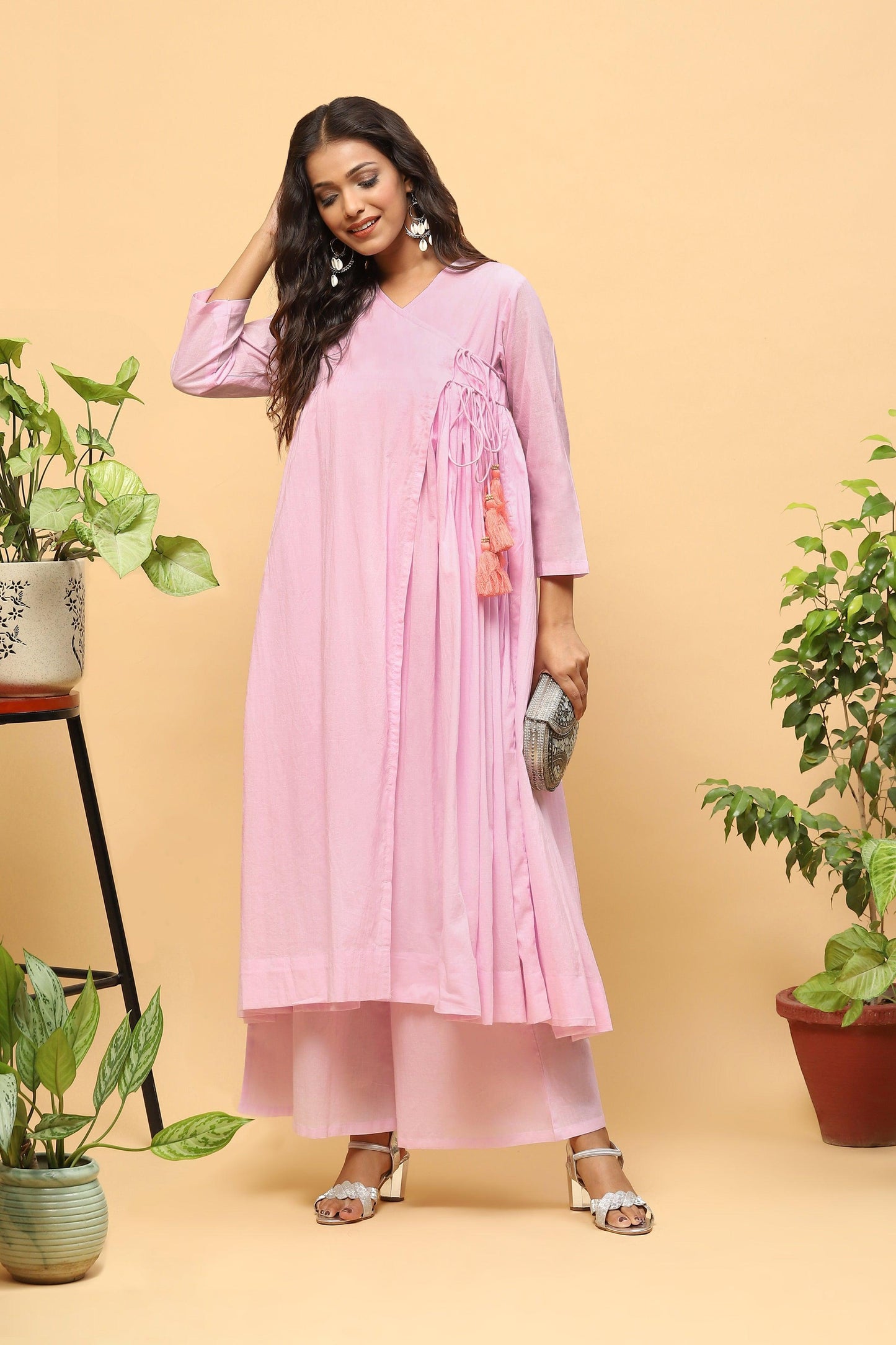 Sanchi Pink Cotton Angrakha Kurta Palazzo Set