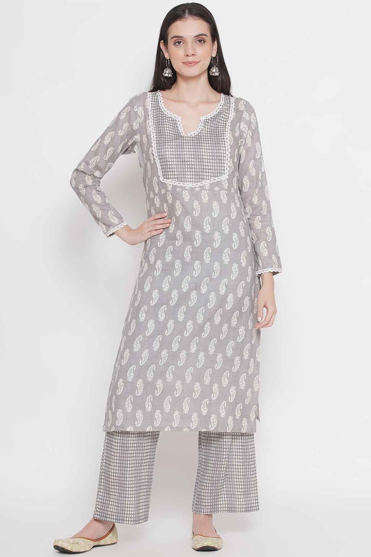 Riwaaz Light Grey Paisley Kurta Set