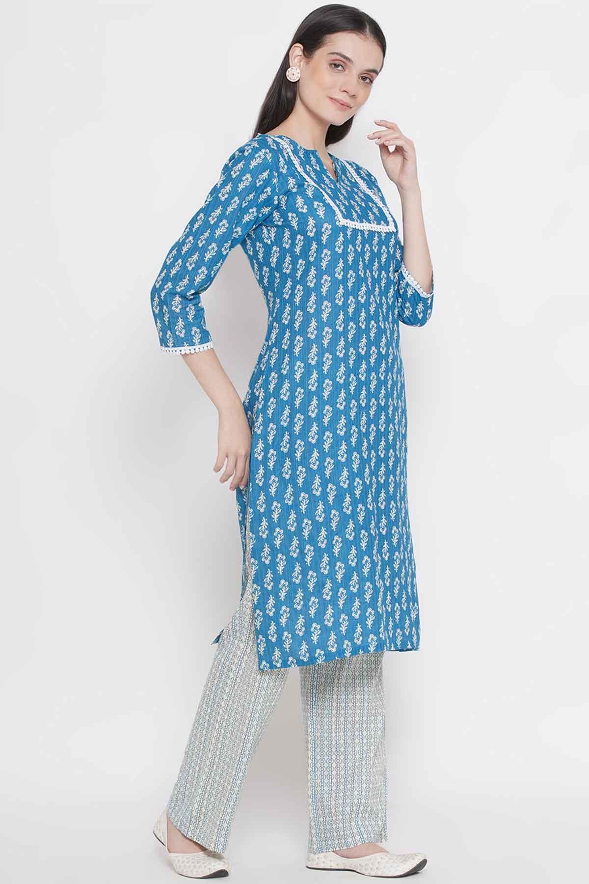 Riwaaz Turquoise Blue Kurta Set with Lace Details