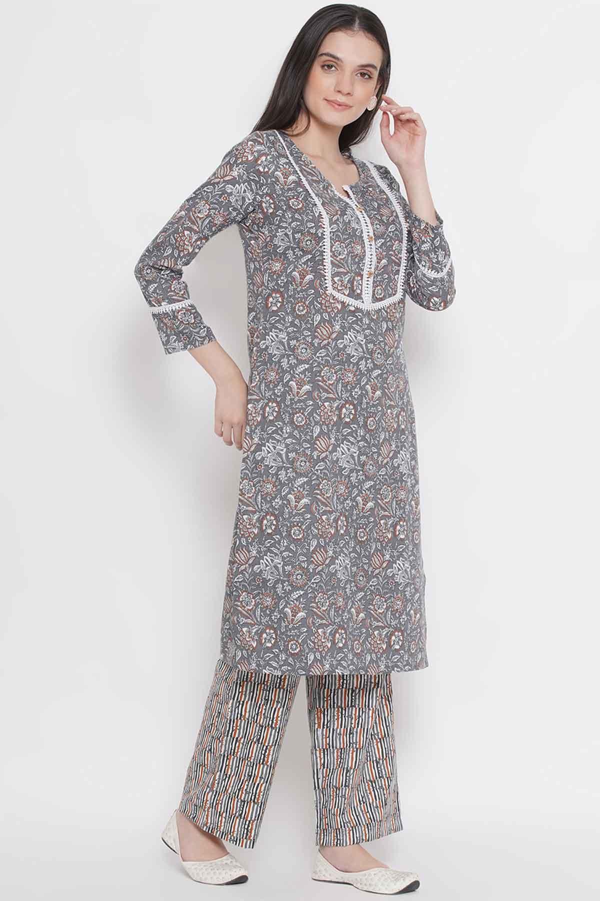 Riwaaz Floral Grey Kurta Set with Lace