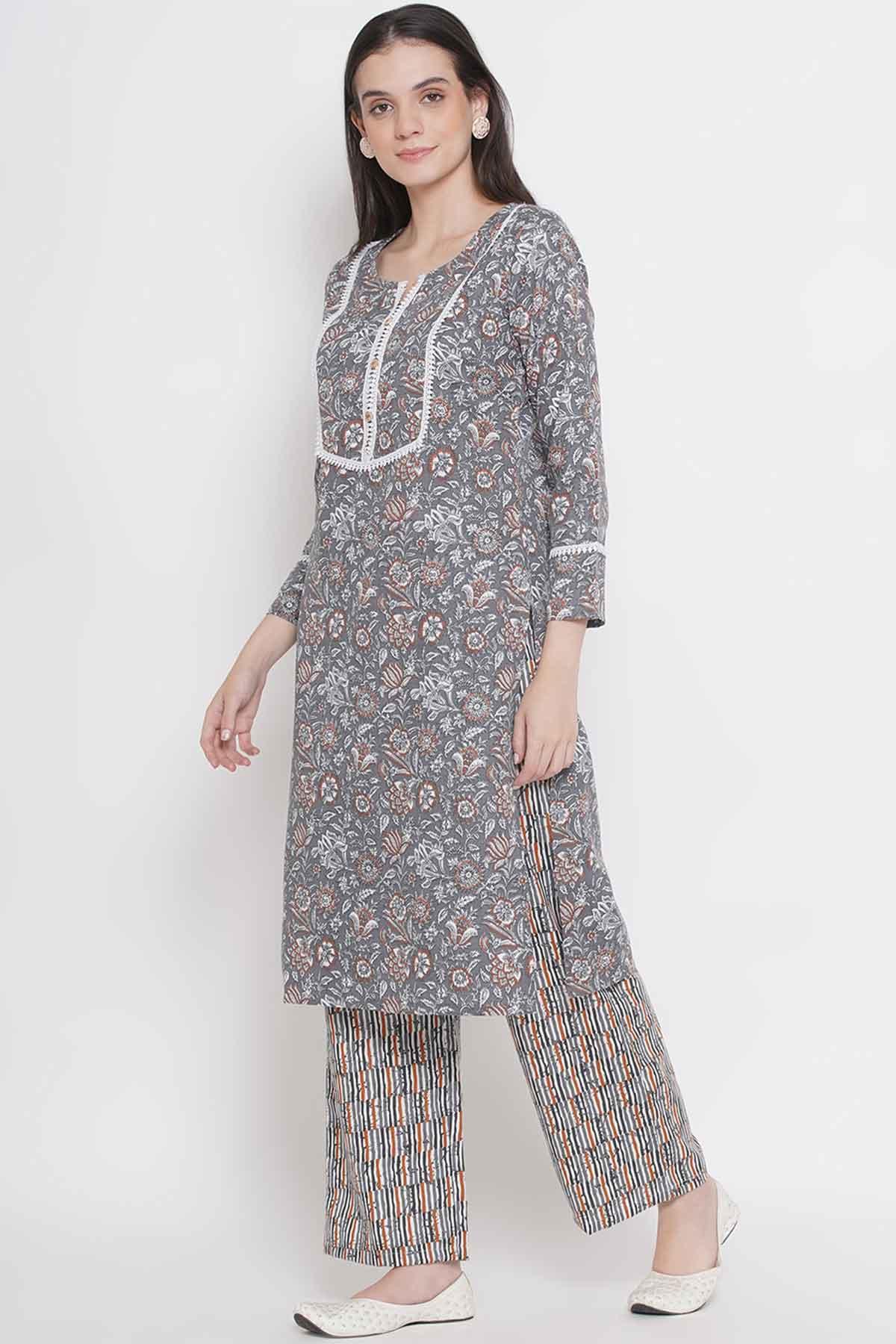 Riwaaz Floral Grey Kurta Set with Lace