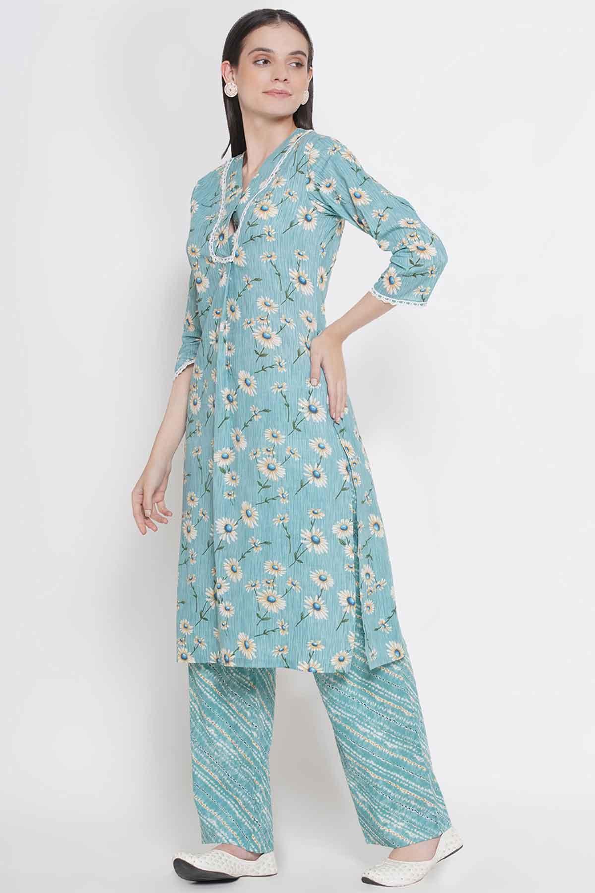 Riwaaz Sky Blue Floral Kurta Set