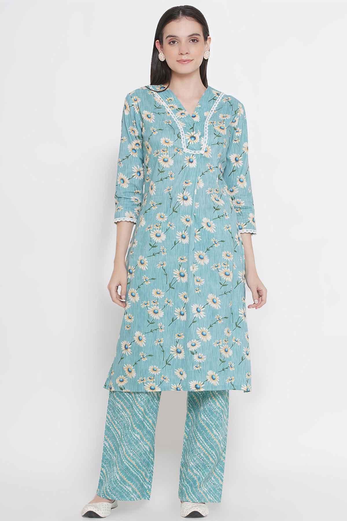 Riwaaz Sky Blue Floral Kurta Set