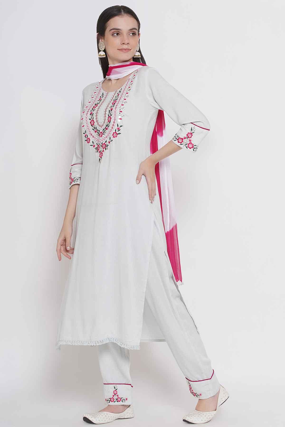 Riwaaz White and Pink Kurta Set with Dupatta