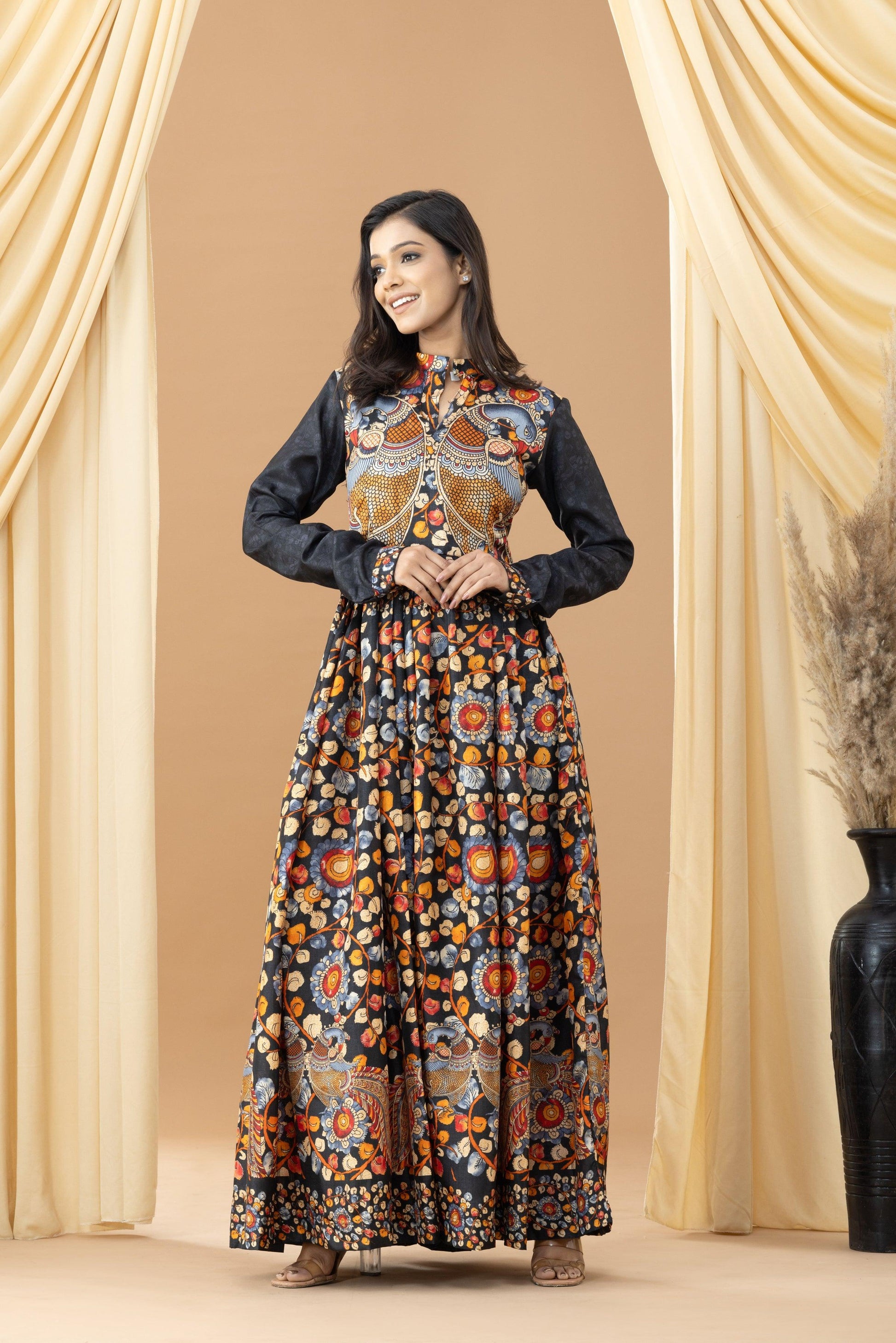 Aseel Multicolor Cotton Silk Kalamkari Dress – Discover Ethnic Elegance