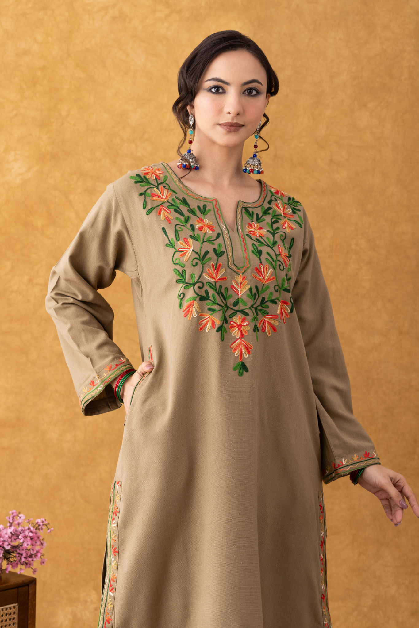 Beige Multi Embroidered Phiran Salwar Set, beige multi embroidered phiran salwar set kashmiri, beige multi embroidered phiran salwar set online, beige multi embroidered phiran salwar set online shopping, beige embroidered kurta set, beige kurta set, women beige embroidered kurta set, beige kurti with embroidery, beige embroidered kurta set for wedding, winter suits for women, winter suits for men, winter suits designs for ladies, winter suits for women with dupatta, winter suits for kids, winter suits for g