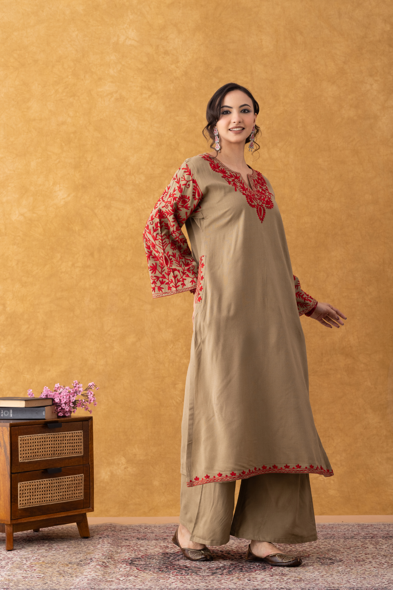 Beige With Red Embroidered Phiran Set | Kashmiri Winter Suit for Women Discover Ethnic Elegance - Raas By Handikart Beige With Red Embroidered Phiran Set | Kashmiri Winter Suit for Women Discover Ethnic Elegance - Raas By Handikart